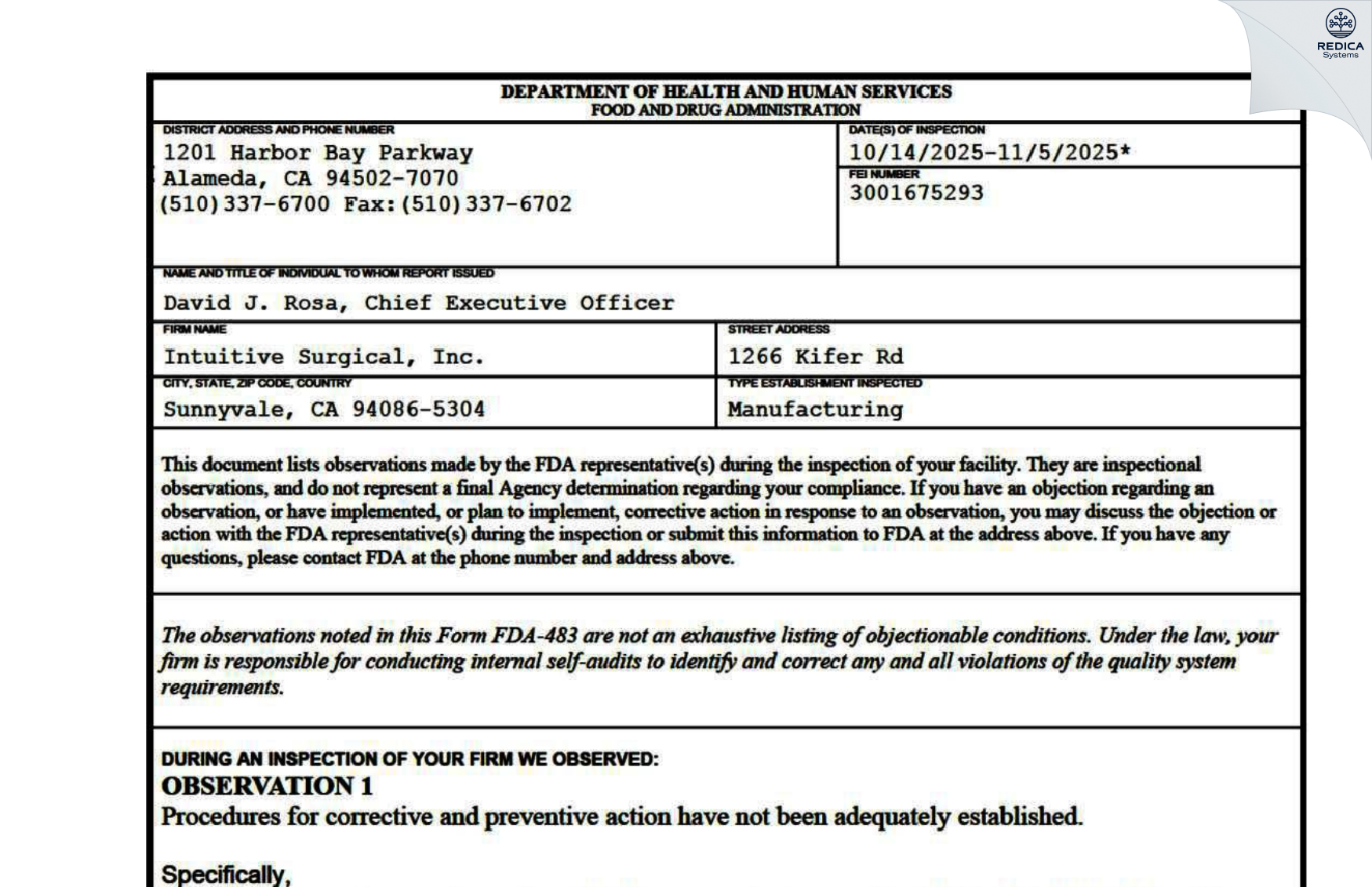 FDA 483 - Intuitive Surgical, Inc. [Sunnyvale / United States of America] - Download PDF - Redica Systems