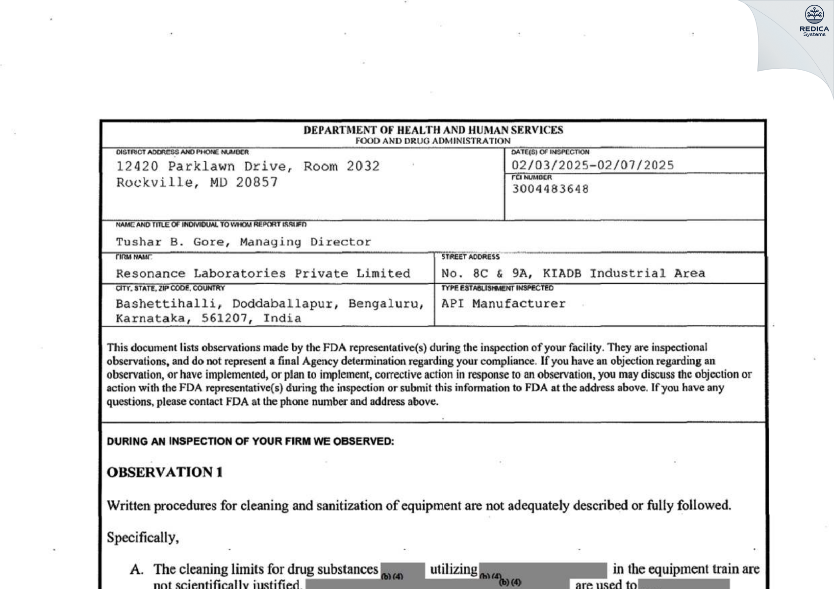 FDA 483 - Resonance Laboratories Private Limited [Dodda Ballapur / India] - Download PDF - Redica Systems