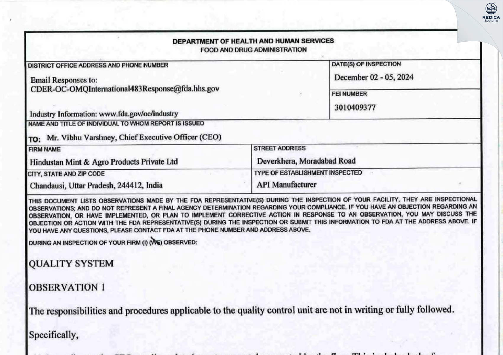 FDA 483 - HINDUSTAN MINT AND AGRO PRODUCTS PRIVATE LIMITED [Chanduasi / India] - Download PDF - Redica Systems