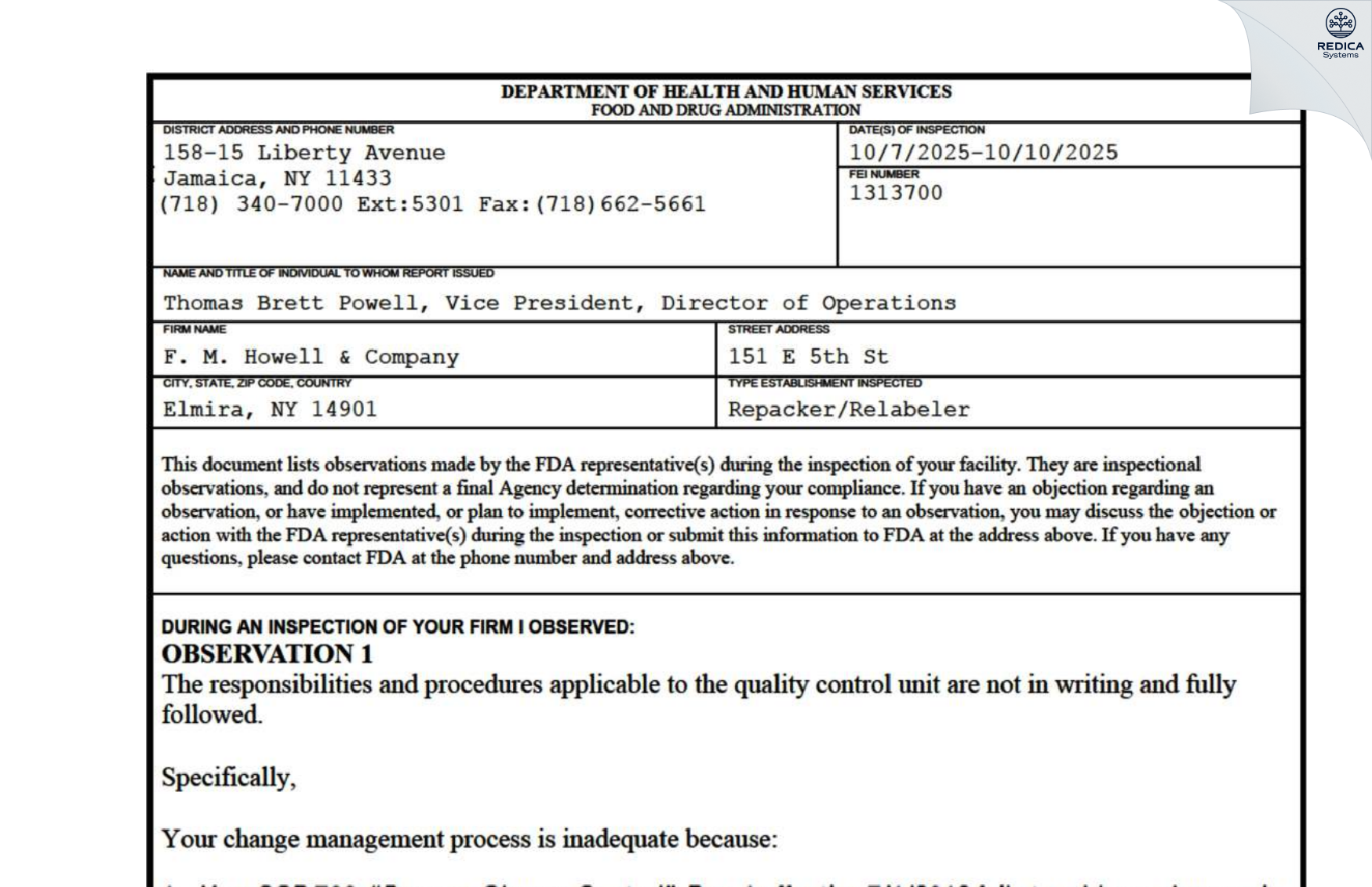 FDA 483 - F. M. Howell & Company [Elmira / United States of America] - Download PDF - Redica Systems