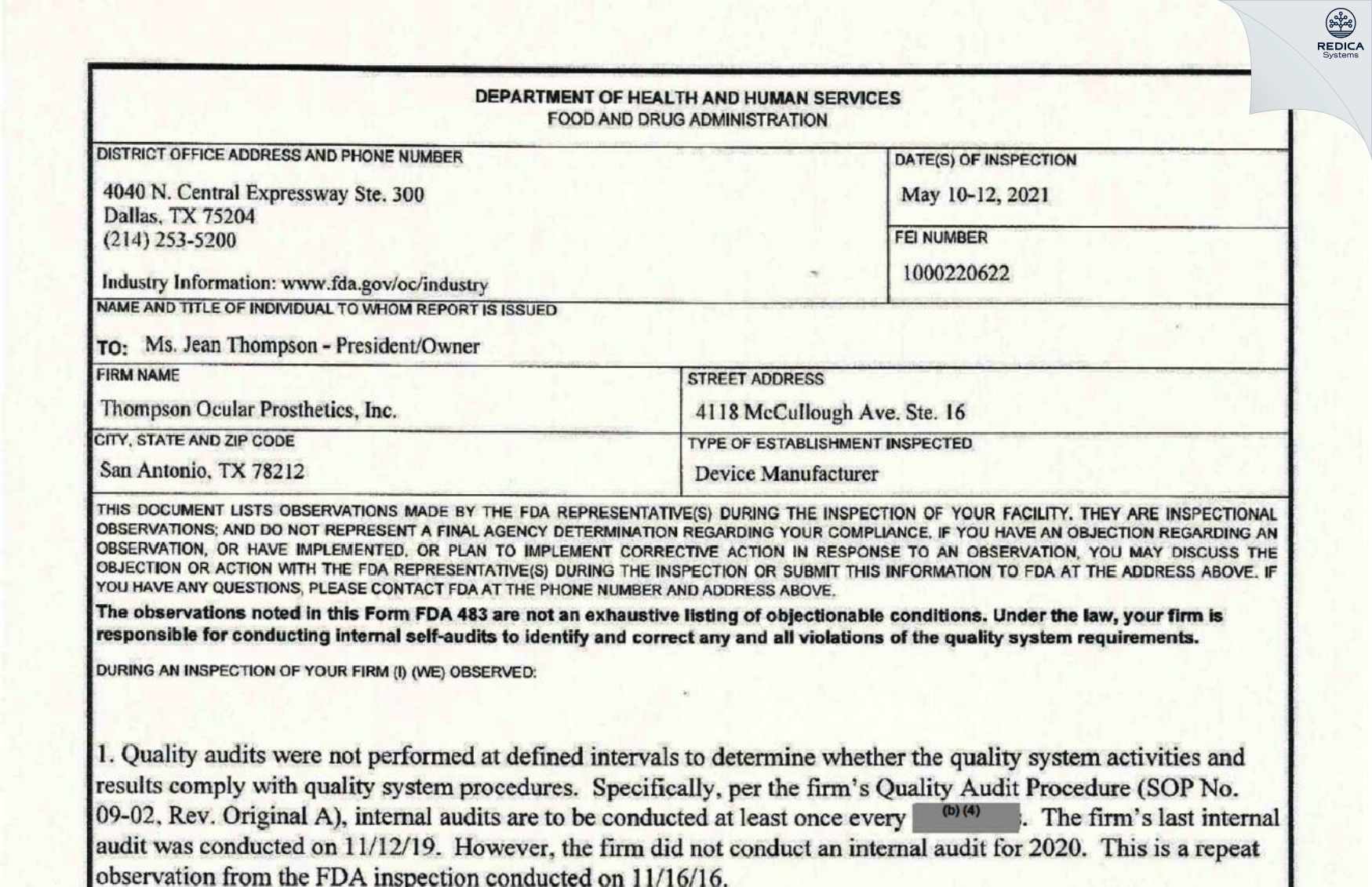 FDA 483 - Thompson Ocular Prosthetics, Inc [San Antonio / United States of America] - Download PDF - Redica Systems