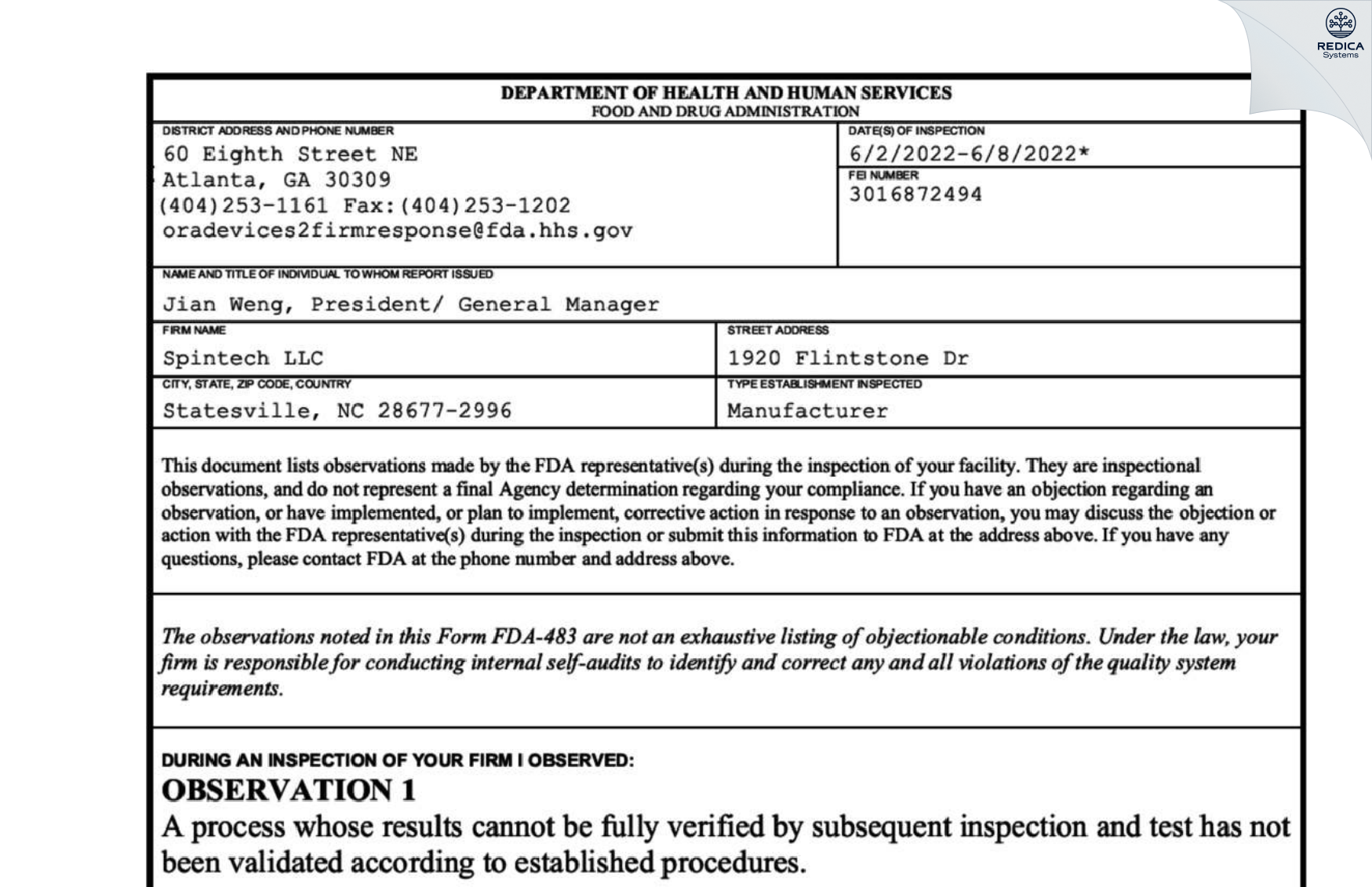 FDA 483 - Spintech LLC [Statesville / United States of America] - Download PDF - Redica Systems