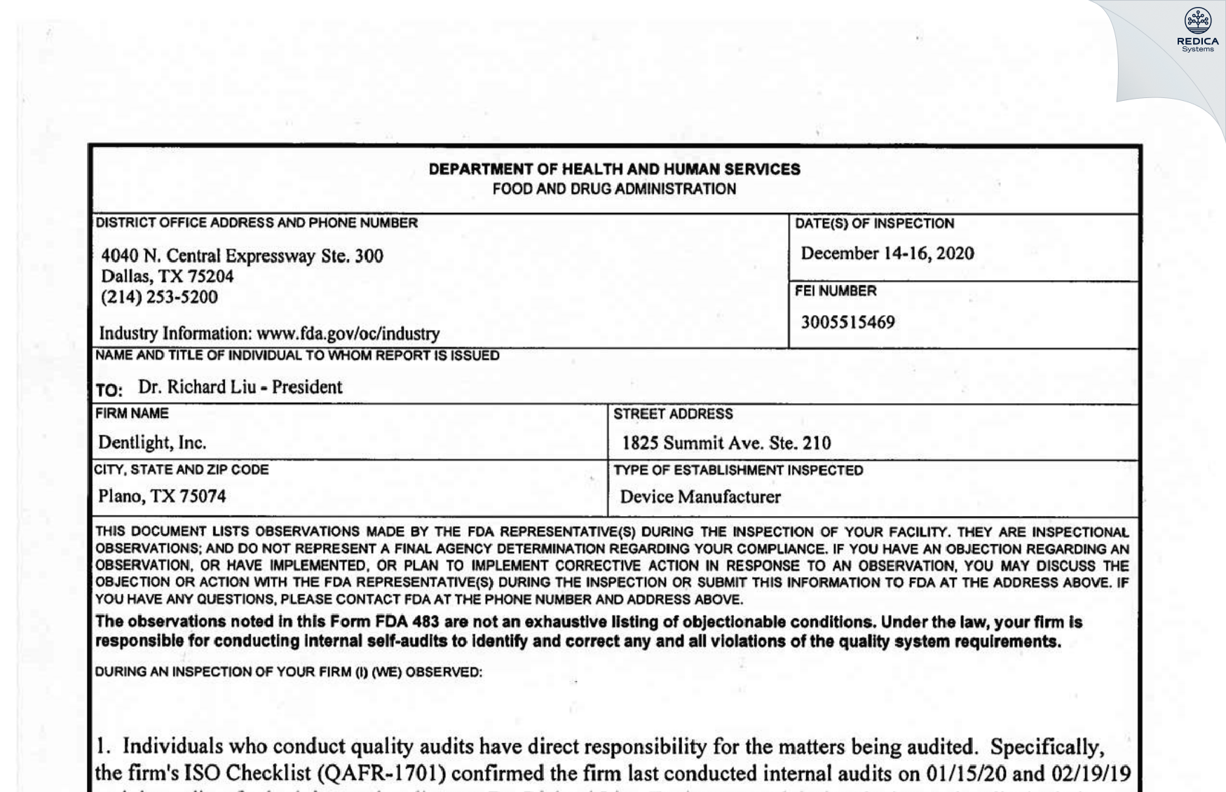 FDA 483 - Dentlight Inc [Plano / United States of America] - Download PDF - Redica Systems