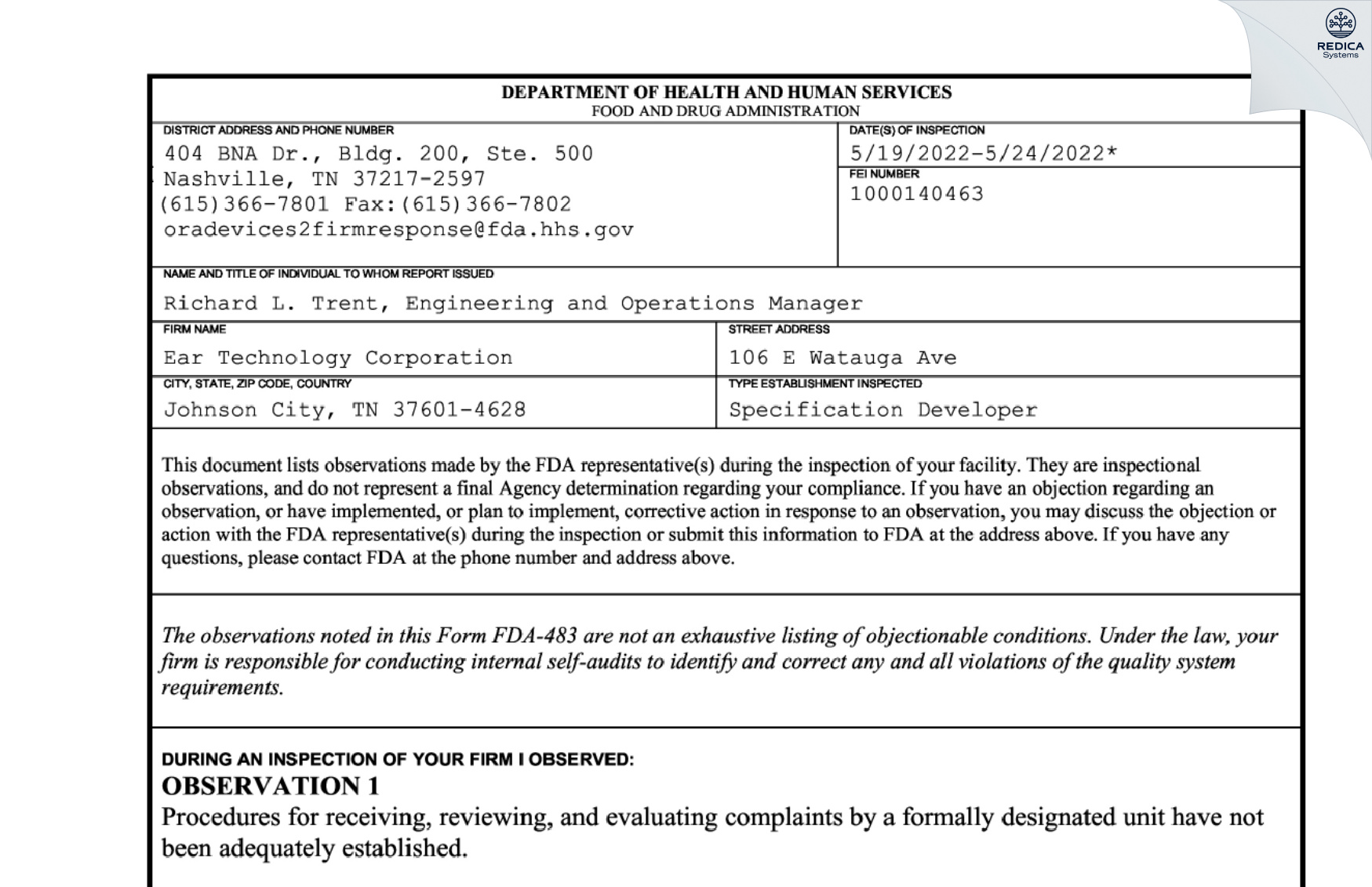 FDA 483 - Ear Technology Corporation [Johnson City / United States of America] - Download PDF - Redica Systems