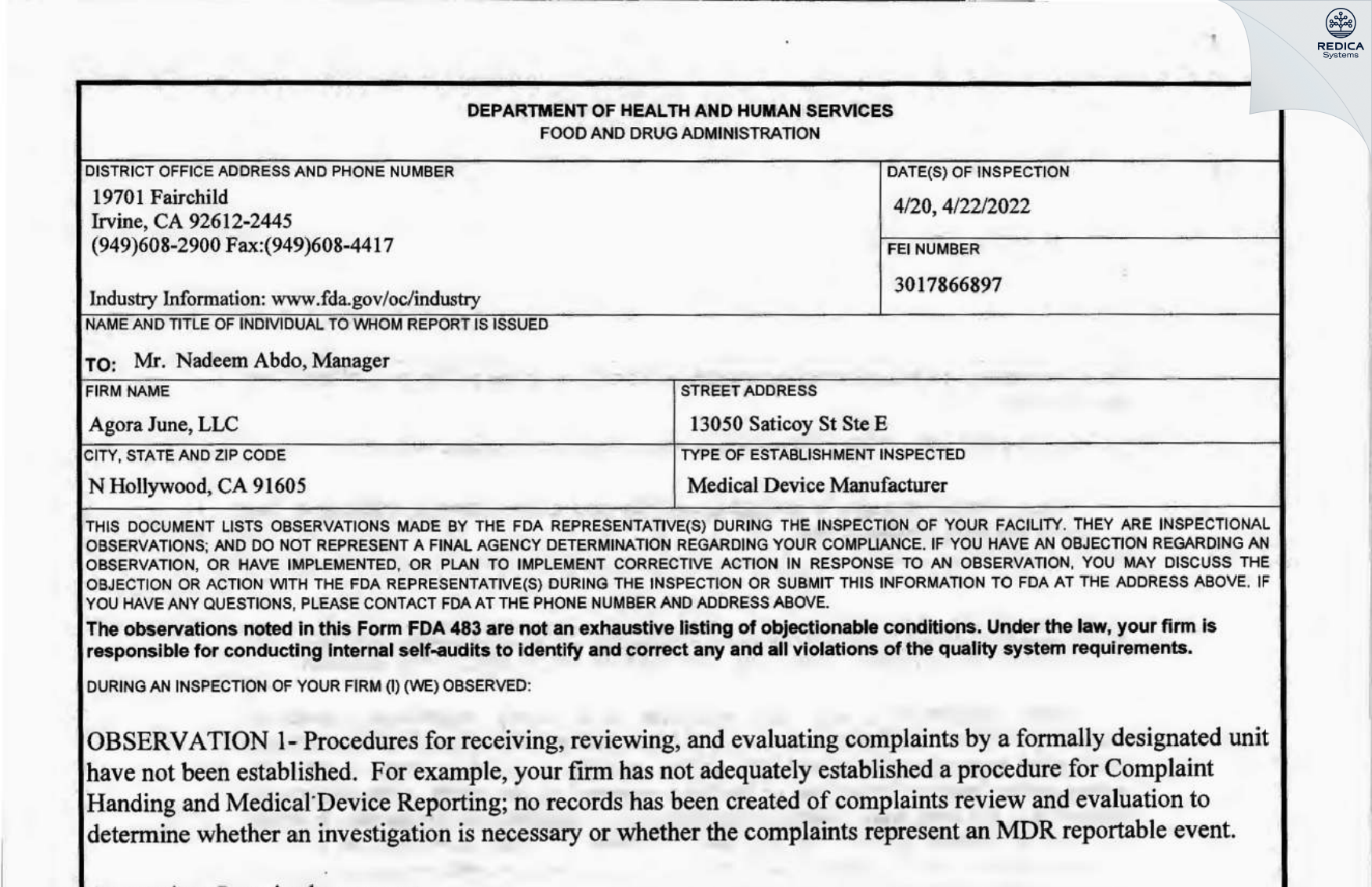 FDA 483 - Agora June LLC [North Hollywood / United States of America] - Download PDF - Redica Systems