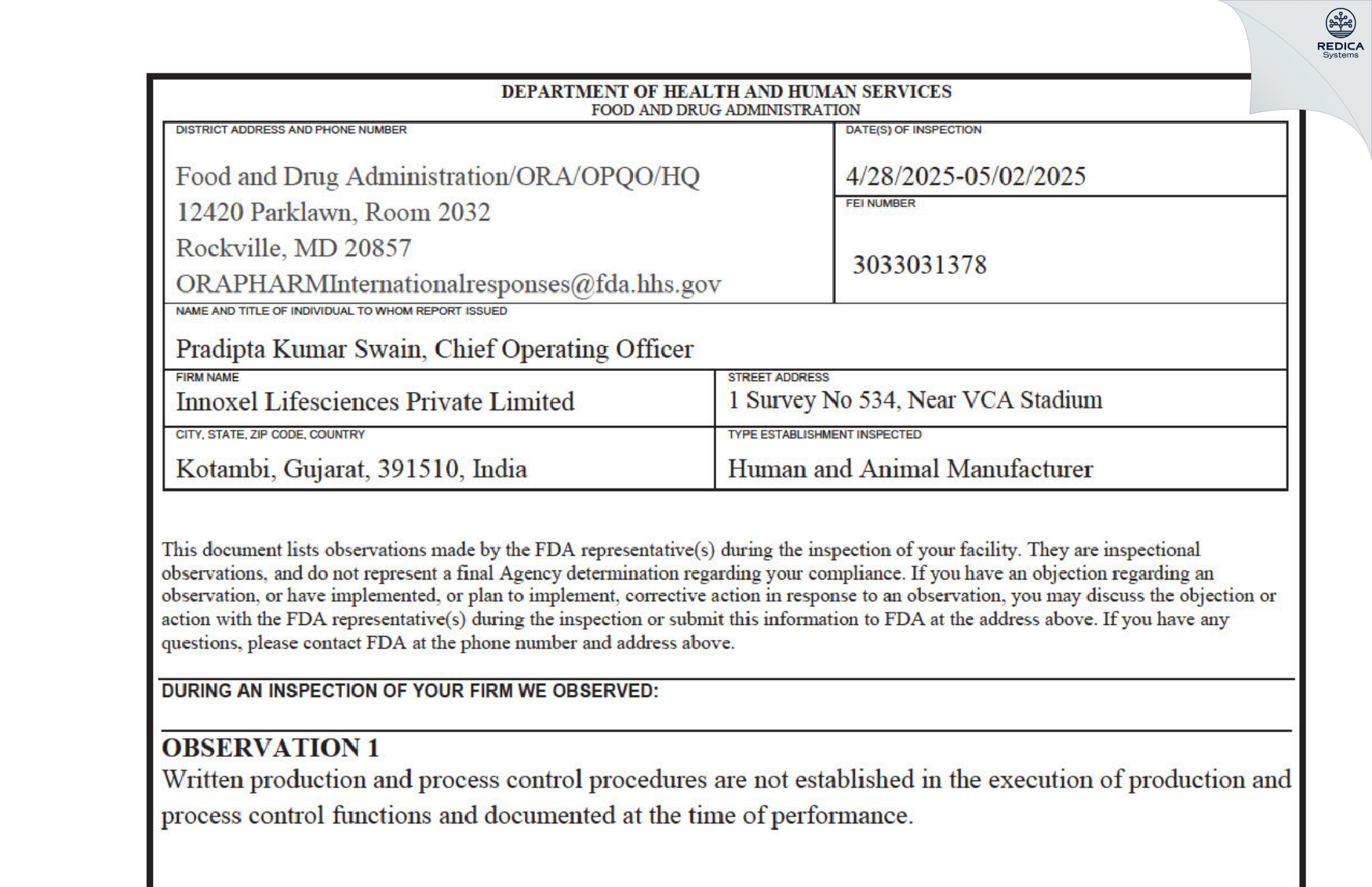 FDA 483 - INNOXEL LIFESCIENCES PRIVATE LIMITED [Vaghodia / India] - Download PDF - Redica Systems