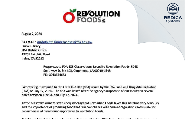FDA 483 Response - Revolution Foods, PBC [Commerce / United States of America] - Download PDF - Redica Systems