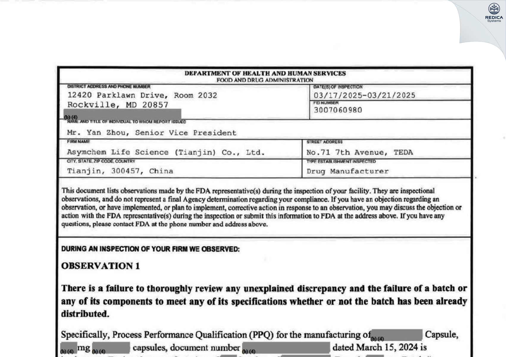 FDA 483 - Asymchem Life Science (Tianjin) Co., Ltd. [Tianjin / China] - Download PDF - Redica Systems