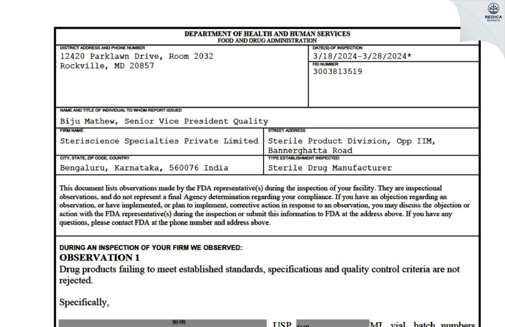 FDA 483 - Steriscience Specialties Private Limited [Bengaluru / India] - Download PDF - Redica Systems