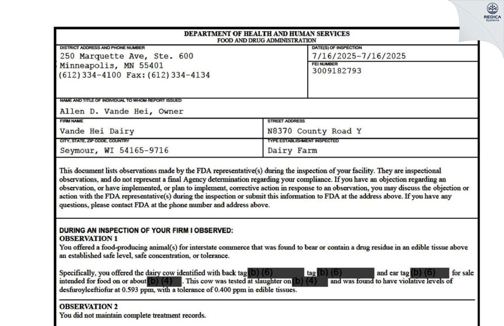 FDA 483 - Allen Vande Hei [Seymour / United States of America] - Download PDF - Redica Systems