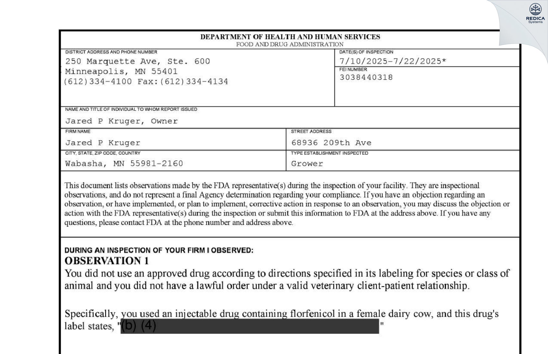 FDA 483 - Jared P Kruger [Wabasha / United States of America] - Download PDF - Redica Systems