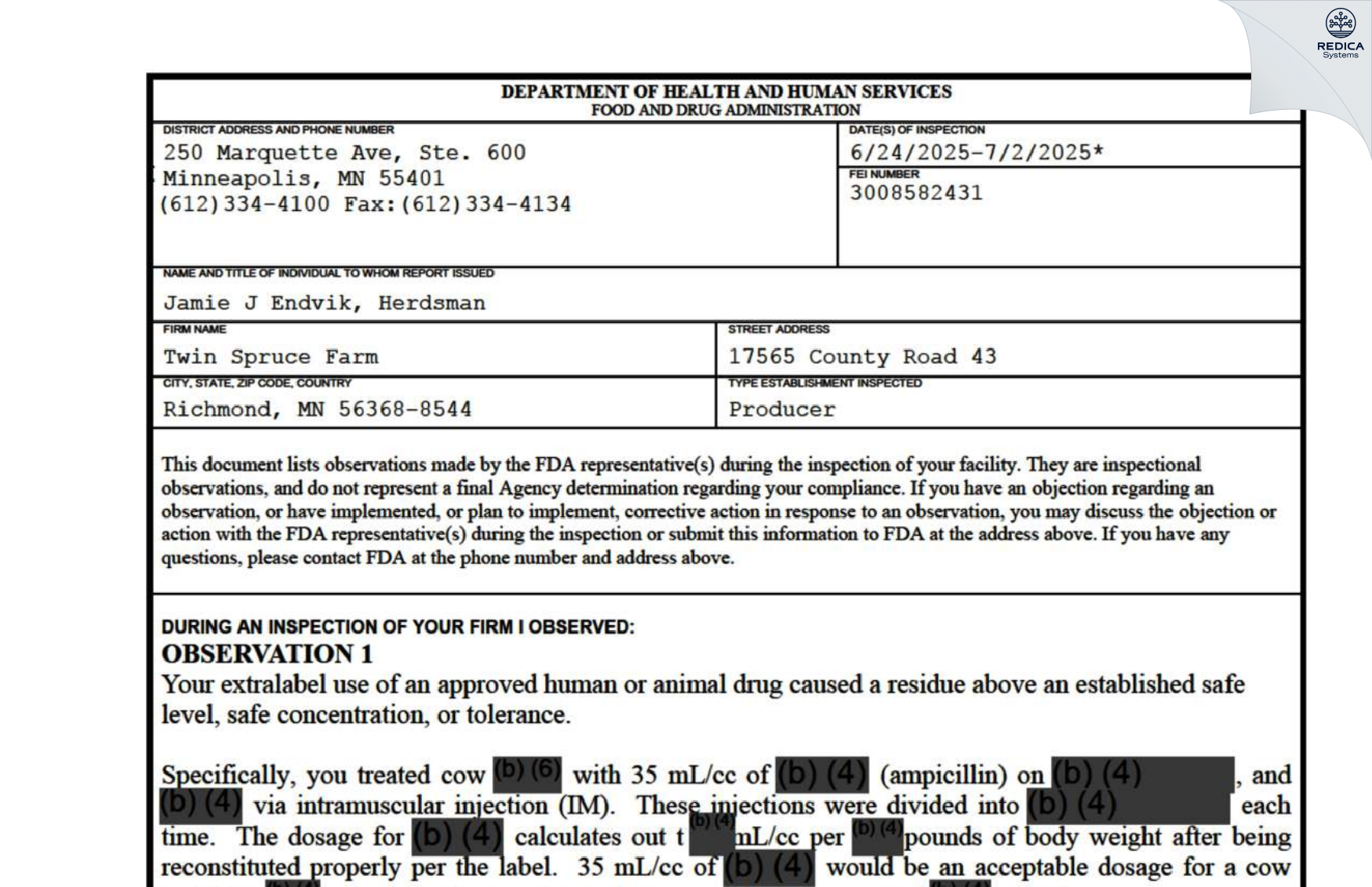 FDA 483 - Gruenes, Arnie [Richmond / United States of America] - Download PDF - Redica Systems