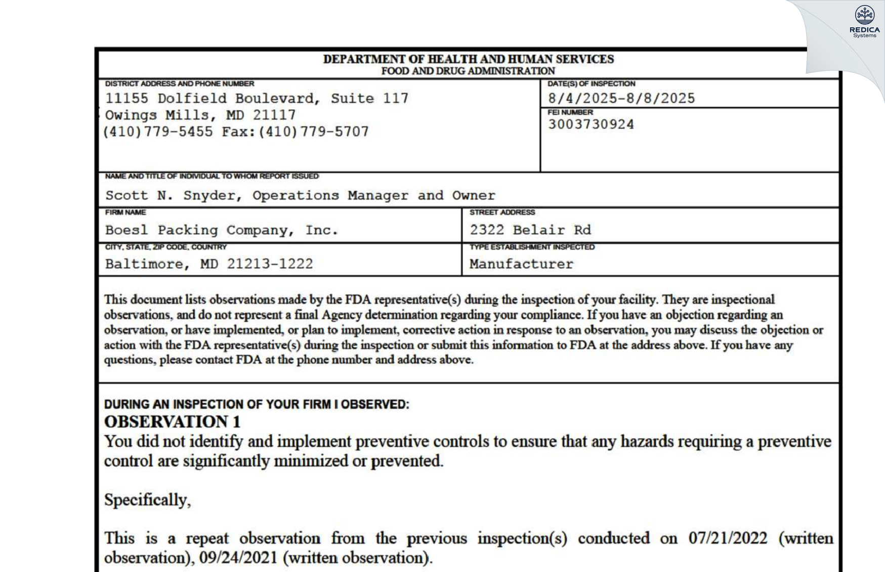 FDA 483 - Boesl Packing Company, Inc. [Baltimore / United States of America] - Download PDF - Redica Systems