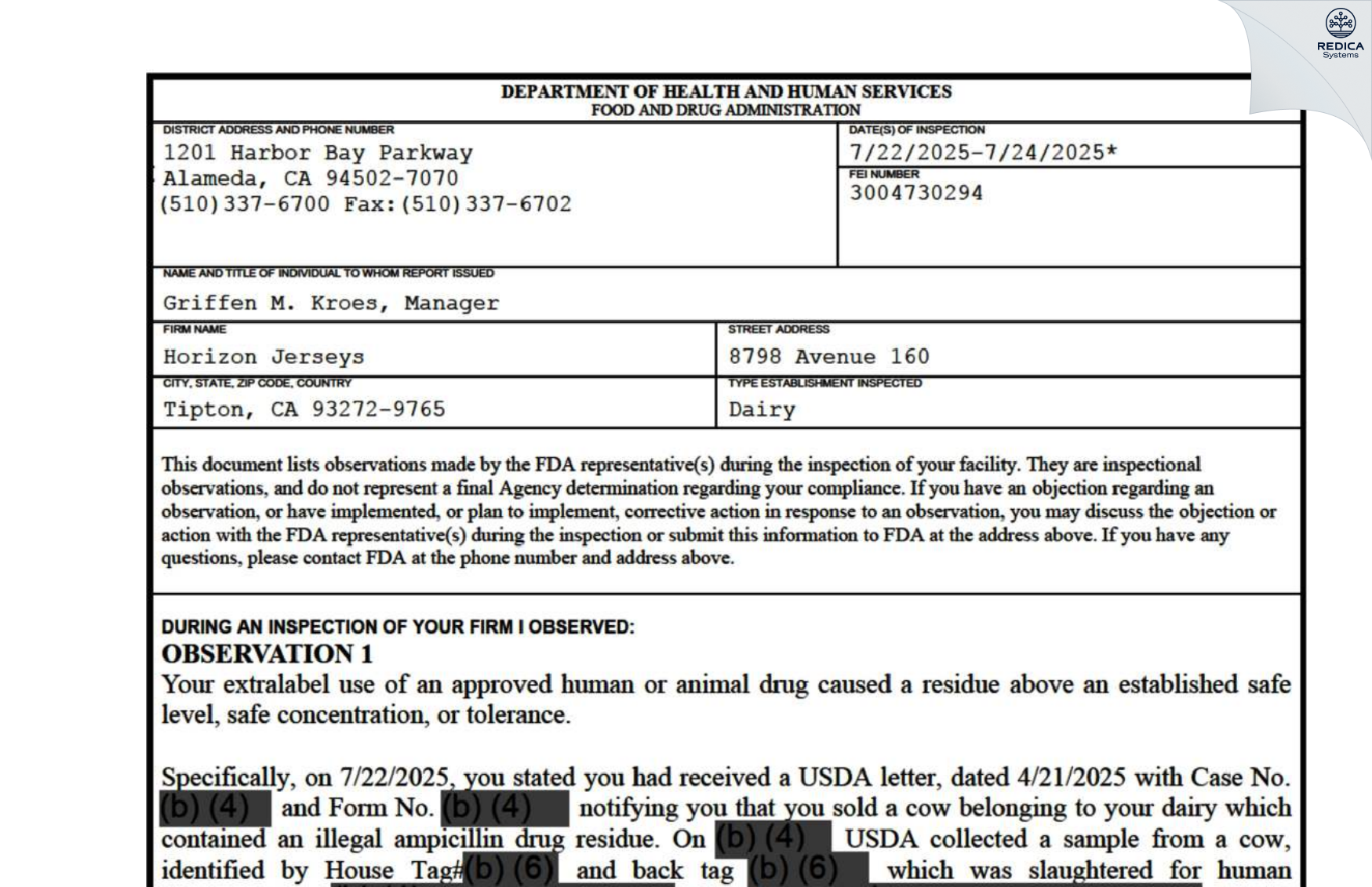 FDA 483 - Horizon Jerseys [Tipton / United States of America] - Download PDF - Redica Systems