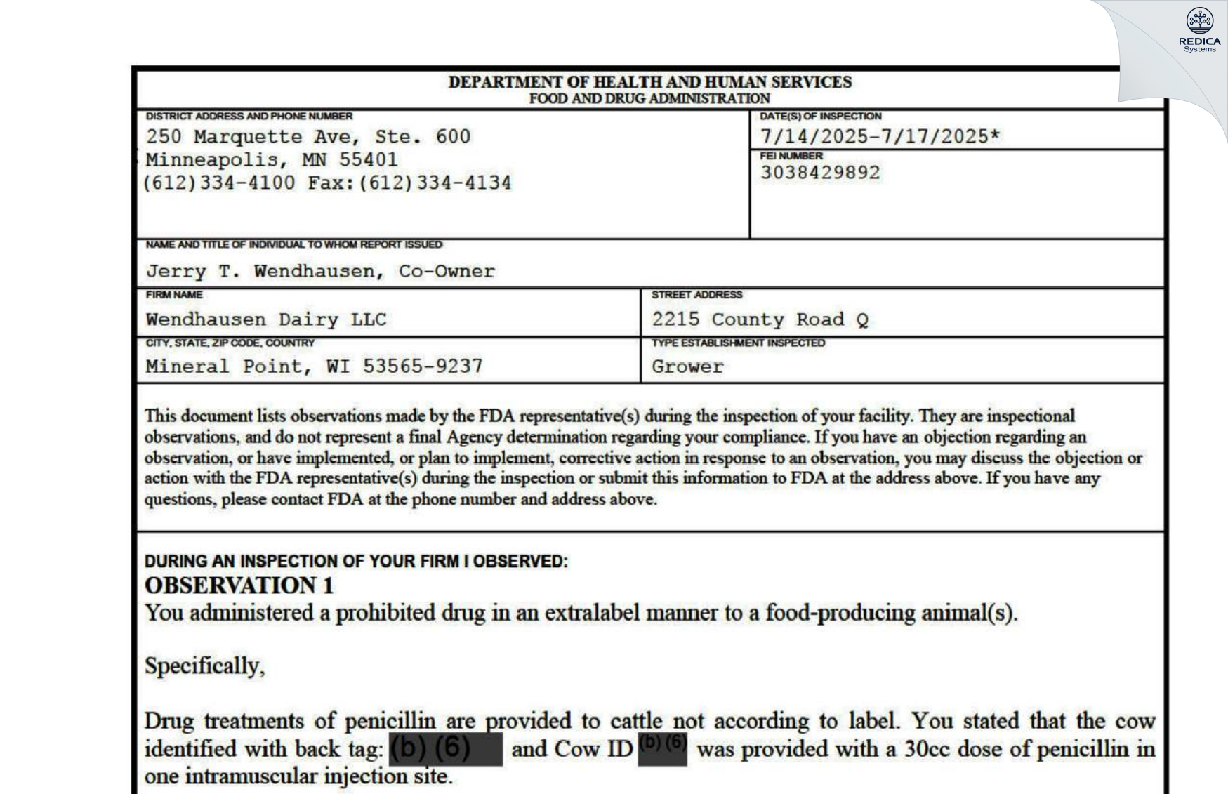 FDA 483 - Wendhausen Dairy LLC [Mineral Point / United States of America] - Download PDF - Redica Systems