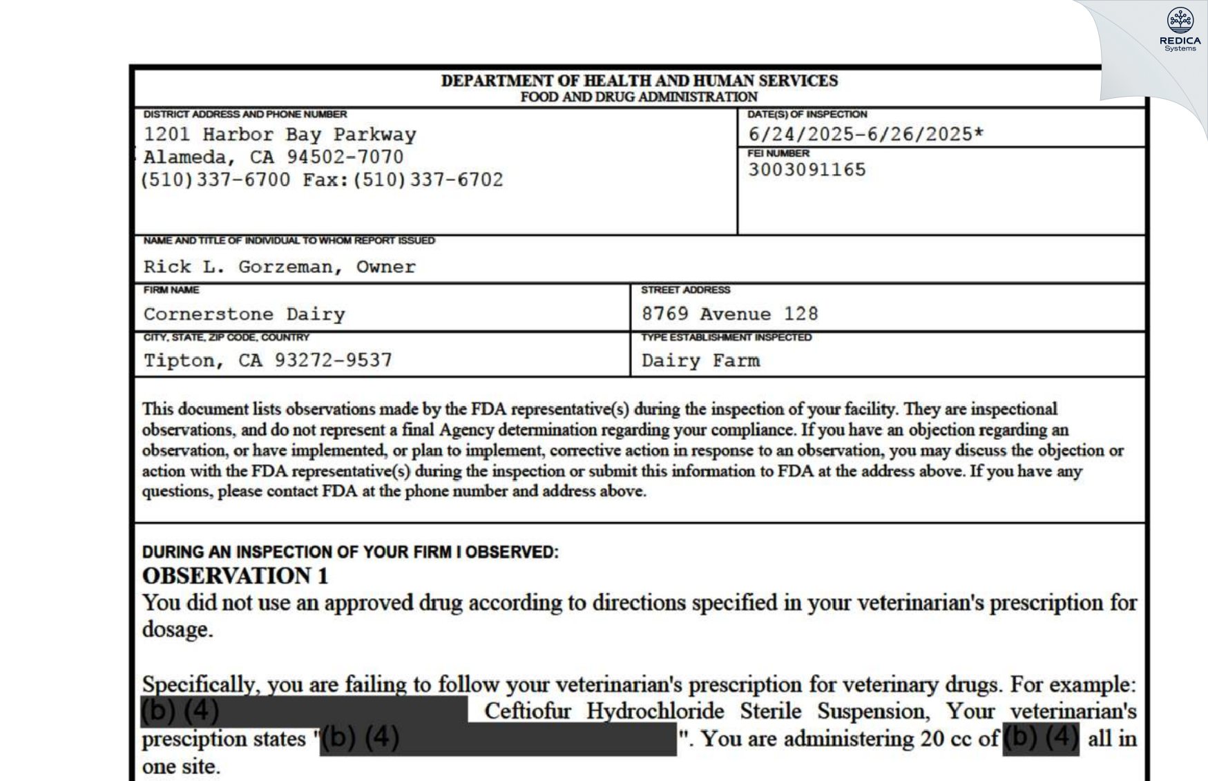 FDA 483 - Cornerstone Dairy [Tipton / United States of America] - Download PDF - Redica Systems