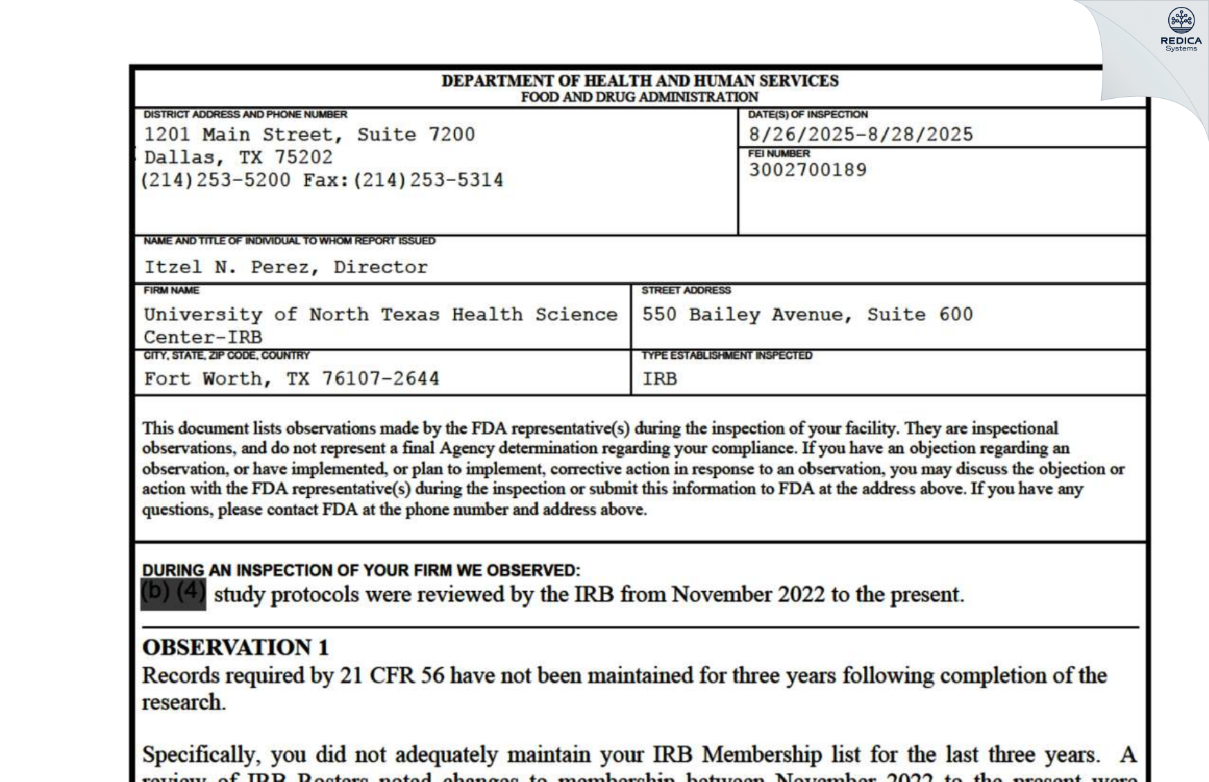 FDA 483 - University of North Texas Health Science Center-IRB [Fort Worth / United States of America] - Download PDF - Redica Systems