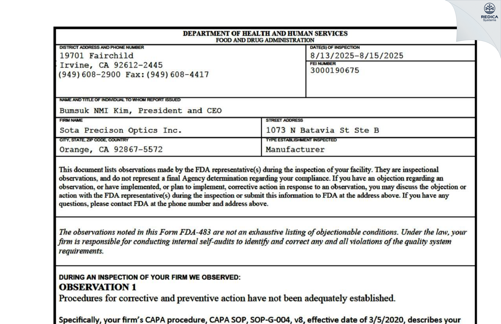 FDA 483 - Sota Precison Optics Inc [Orange / United States of America] - Download PDF - Redica Systems