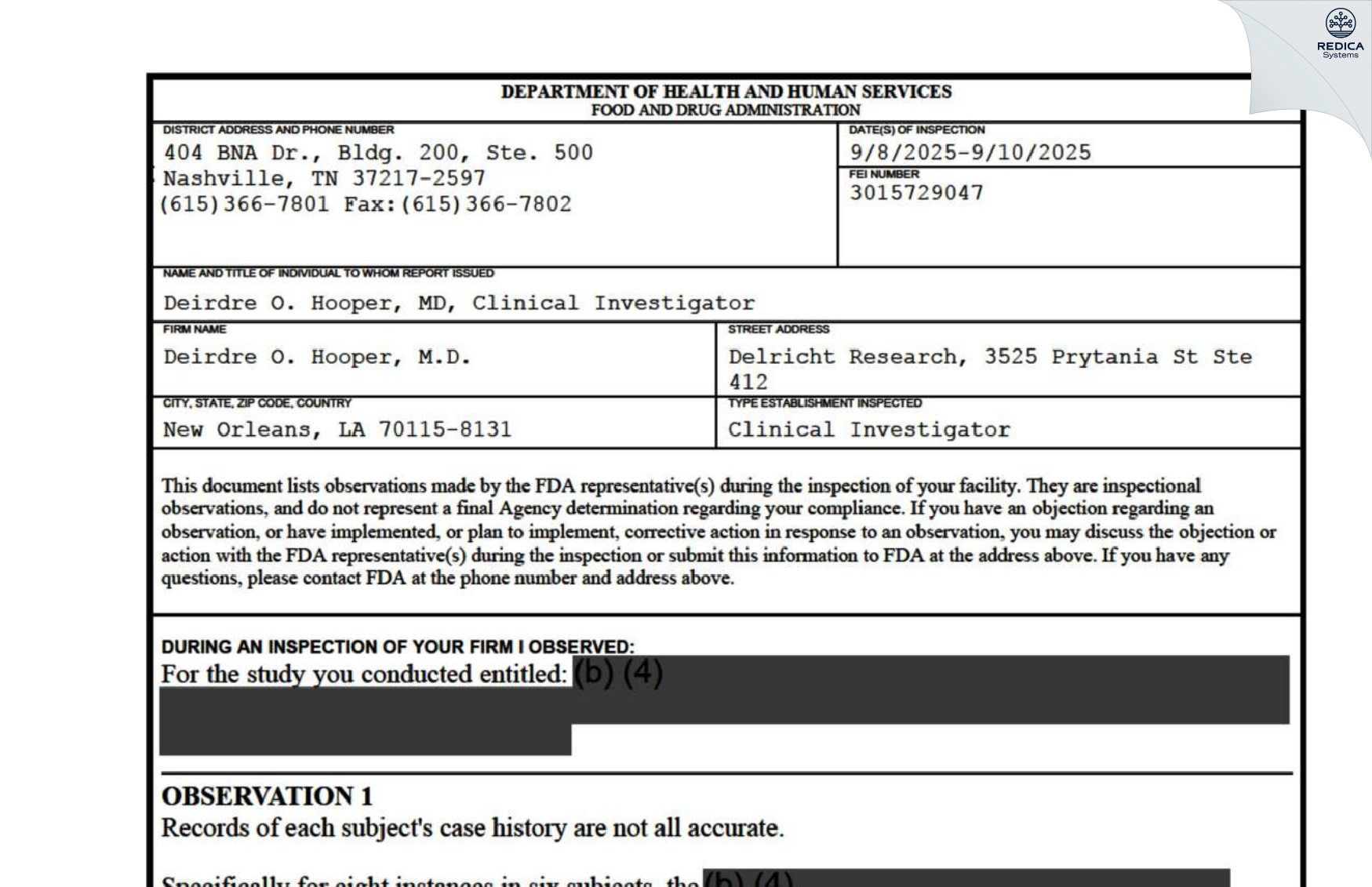 FDA 483 - Deirdre O. Hooper, M.D. [New Orleans / United States of America] - Download PDF - Redica Systems