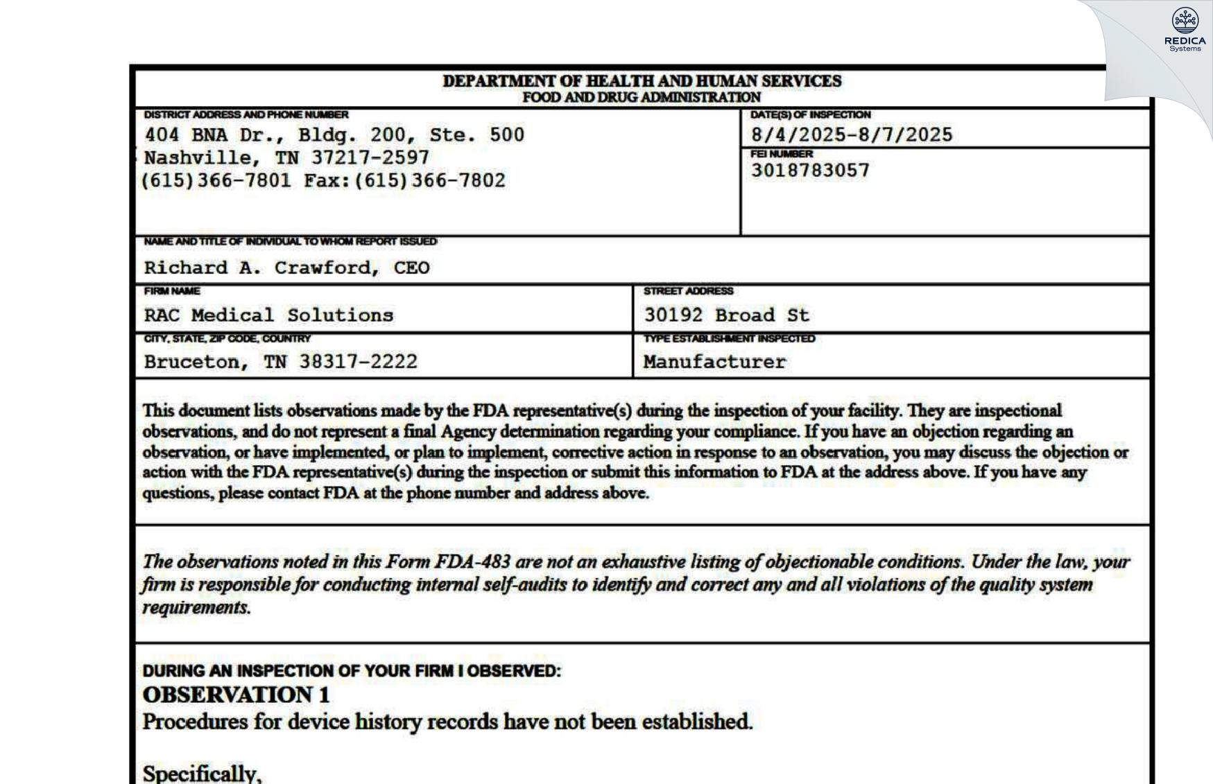FDA 483 - RAC MEDICAL SOLUTIONS [Bruceton / United States of America] - Download PDF - Redica Systems