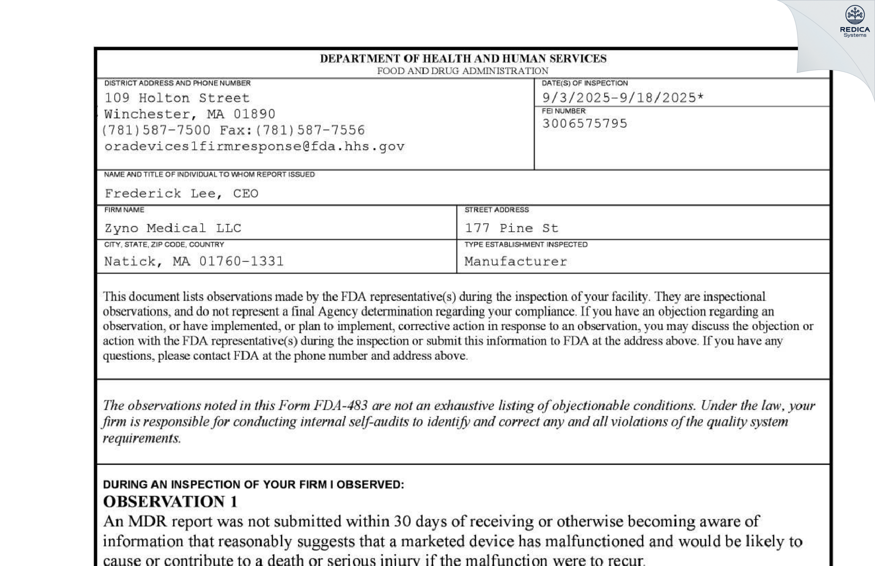 FDA 483 - Zyno Medical LLC [Natick / United States of America] - Download PDF - Redica Systems