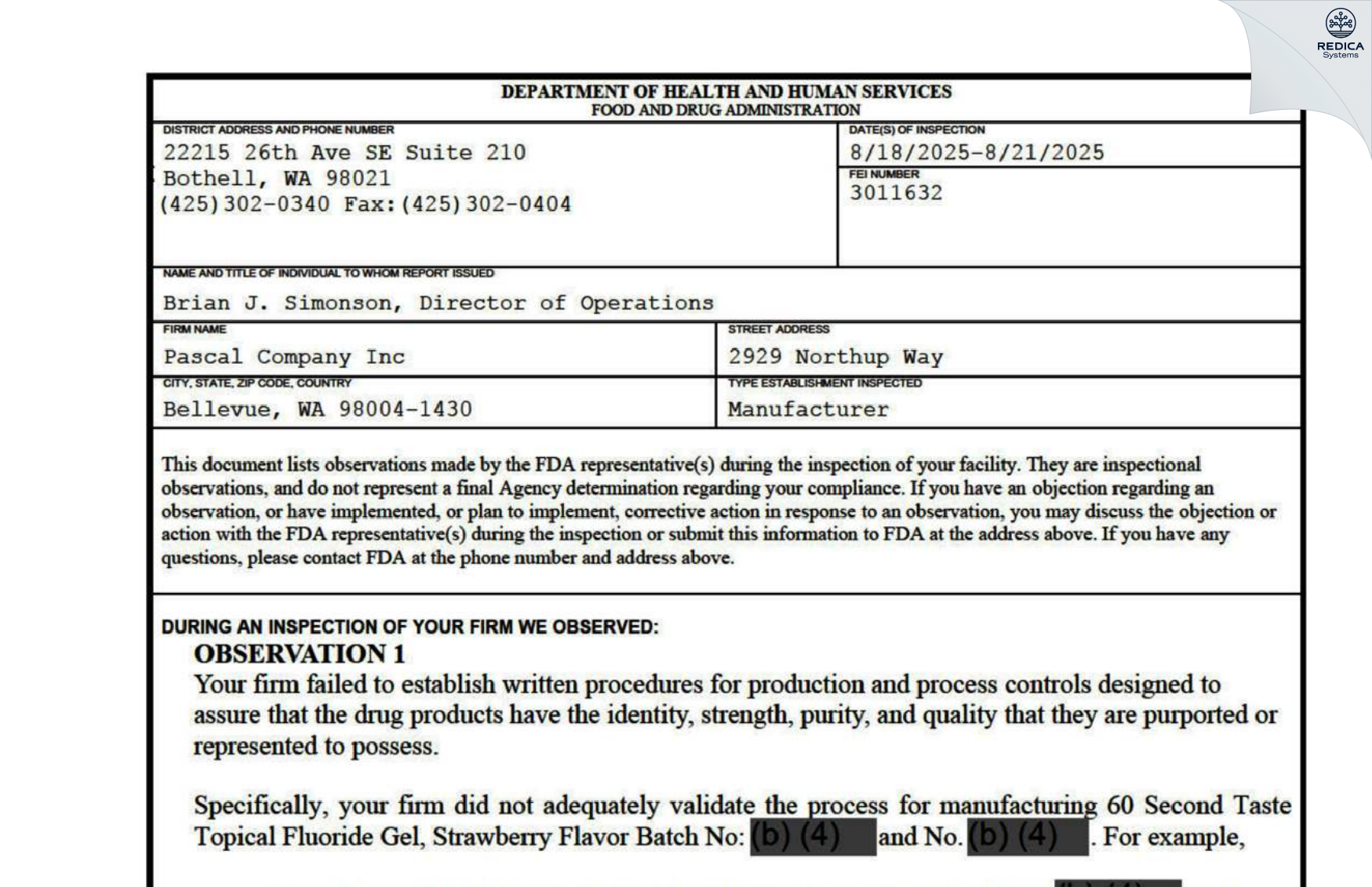 FDA 483 - Pascal Company, Inc. [Bellevue / United States of America] - Download PDF - Redica Systems