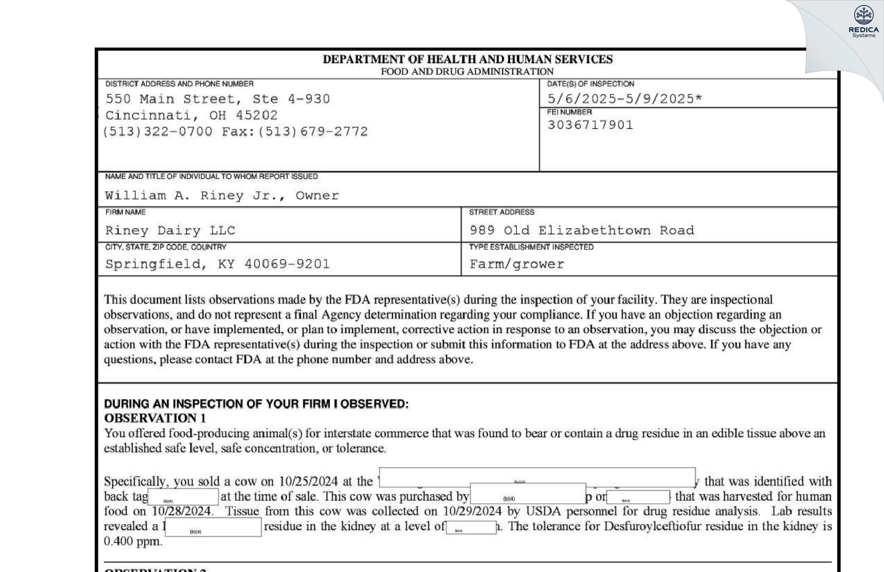 FDA 483 - Riney Dairy LLC [Springfield / United States of America] - Download PDF - Redica Systems