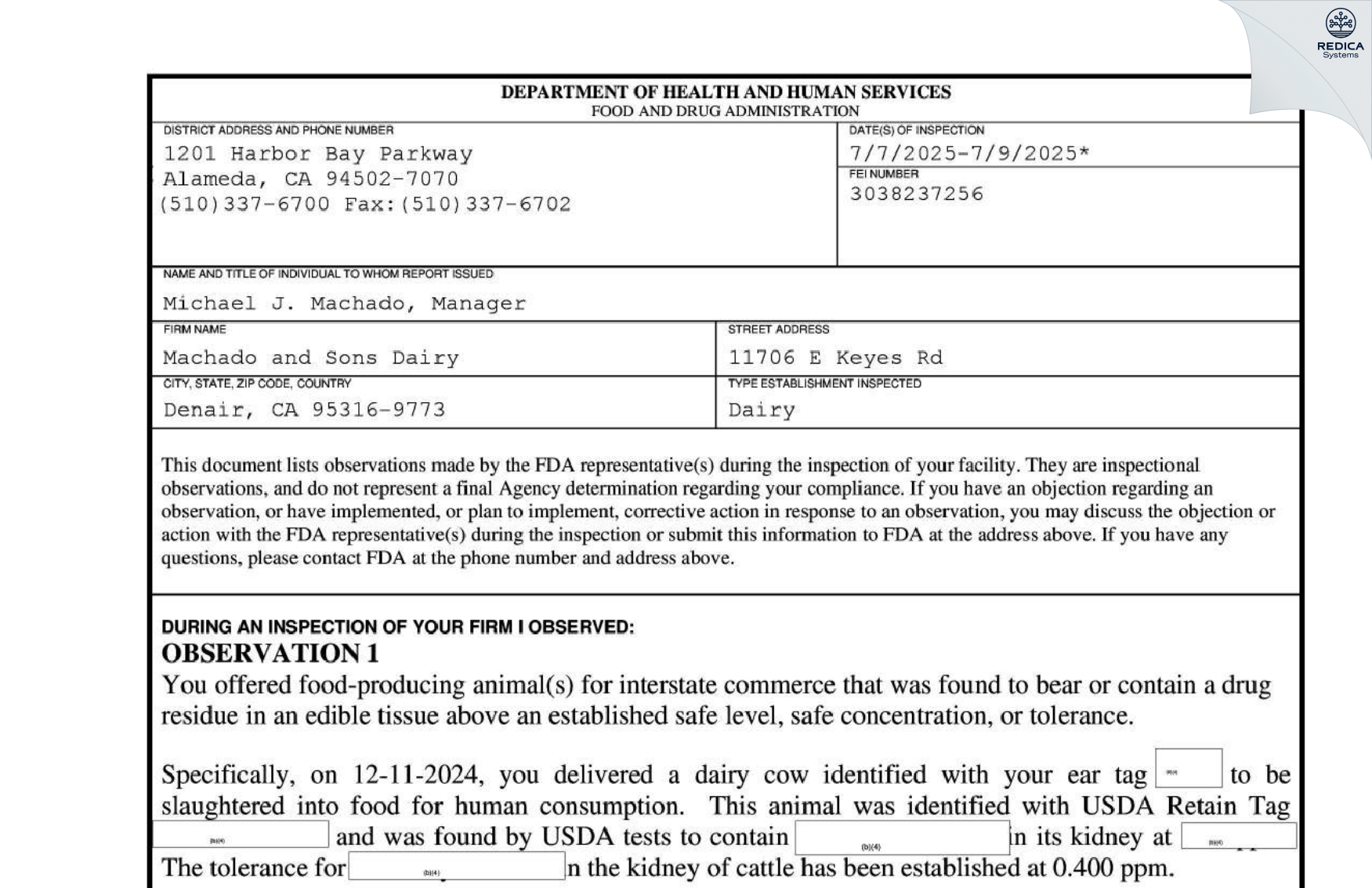FDA 483 - Machado and Sons Dairy [Denair / United States of America] - Download PDF - Redica Systems
