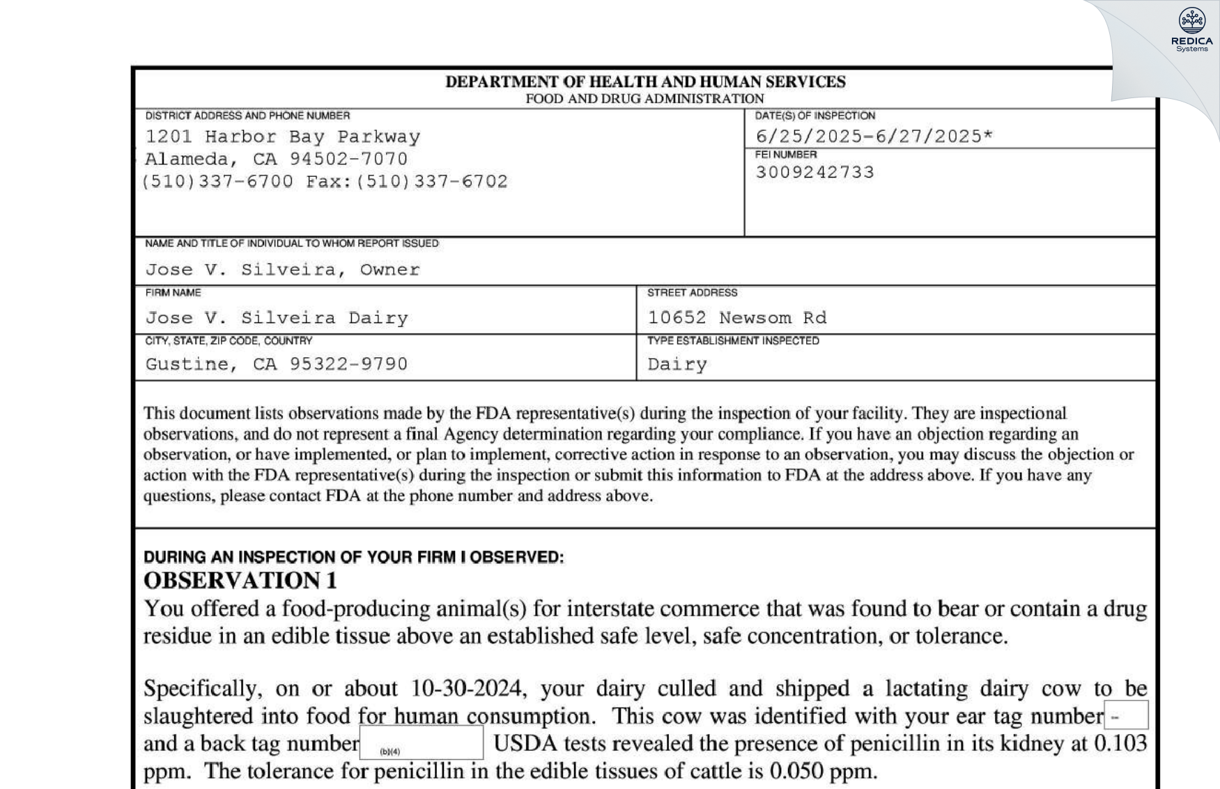 FDA 483 - Jose V. Silveira [Gustine / United States of America] - Download PDF - Redica Systems