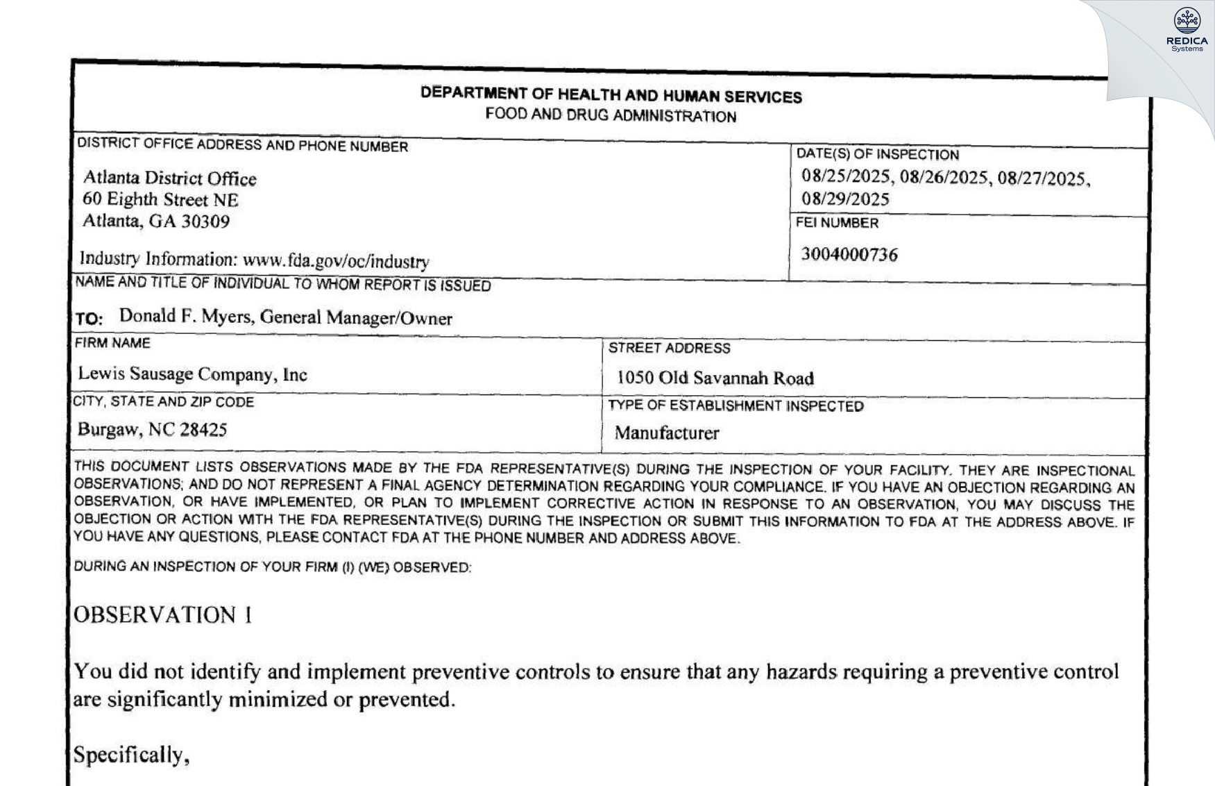 FDA 483 - Lewis Sausage Company, Inc. [Burgaw / United States of America] - Download PDF - Redica Systems