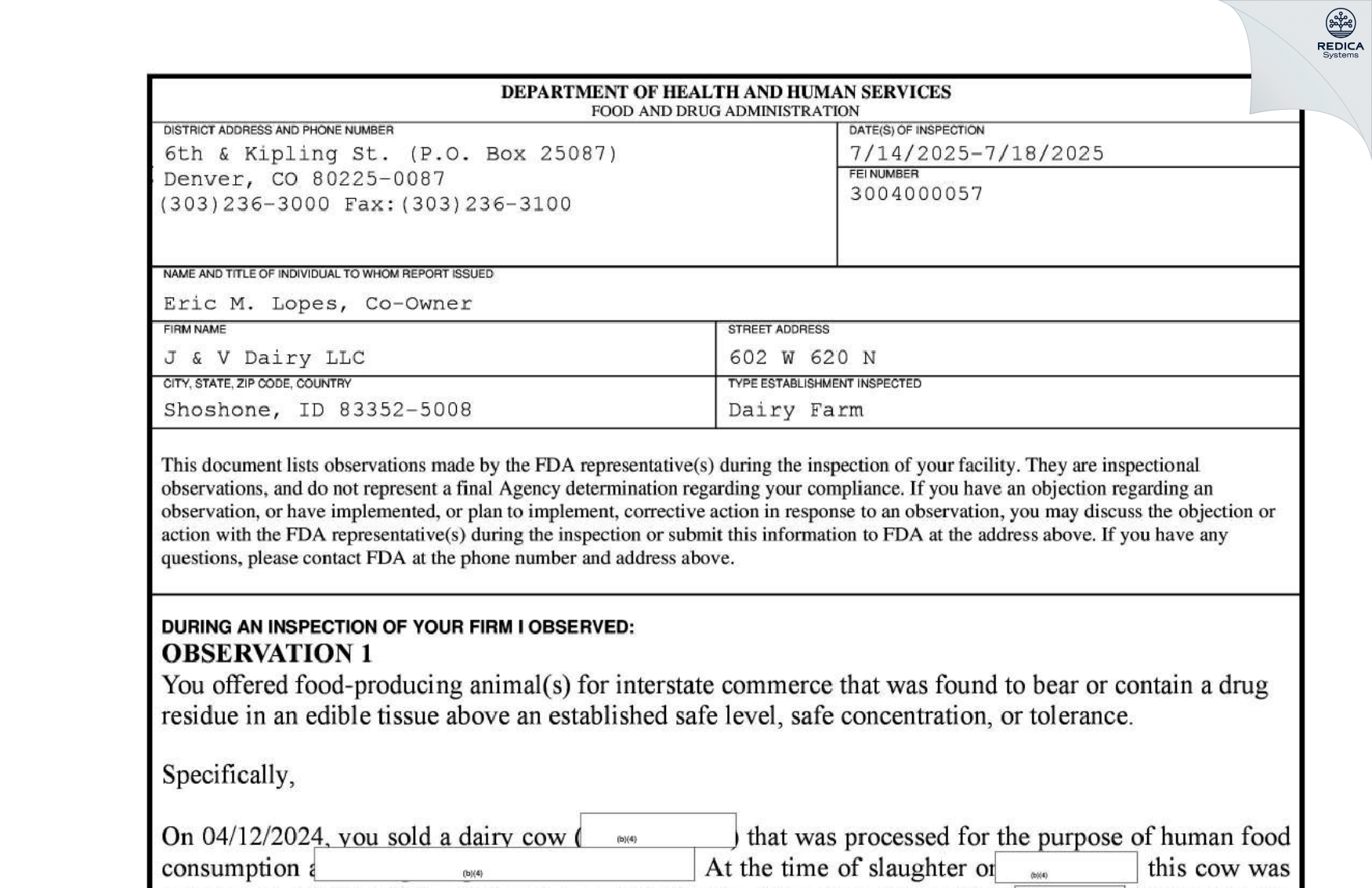 FDA 483 - J & V Dairy, LLC [Shoshone / United States of America] - Download PDF - Redica Systems