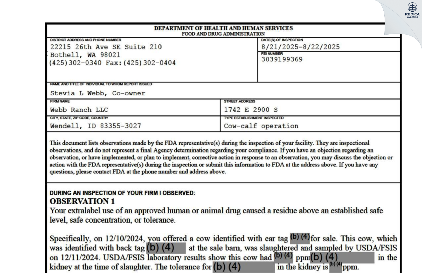 FDA 483 - Webb Ranch LLC [Wendell / United States of America] - Download PDF - Redica Systems