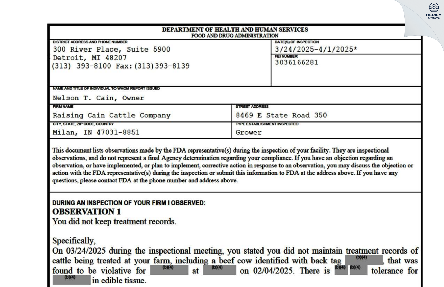 FDA 483 - Raisin Cain Cattle Co [Milan / United States of America] - Download PDF - Redica Systems