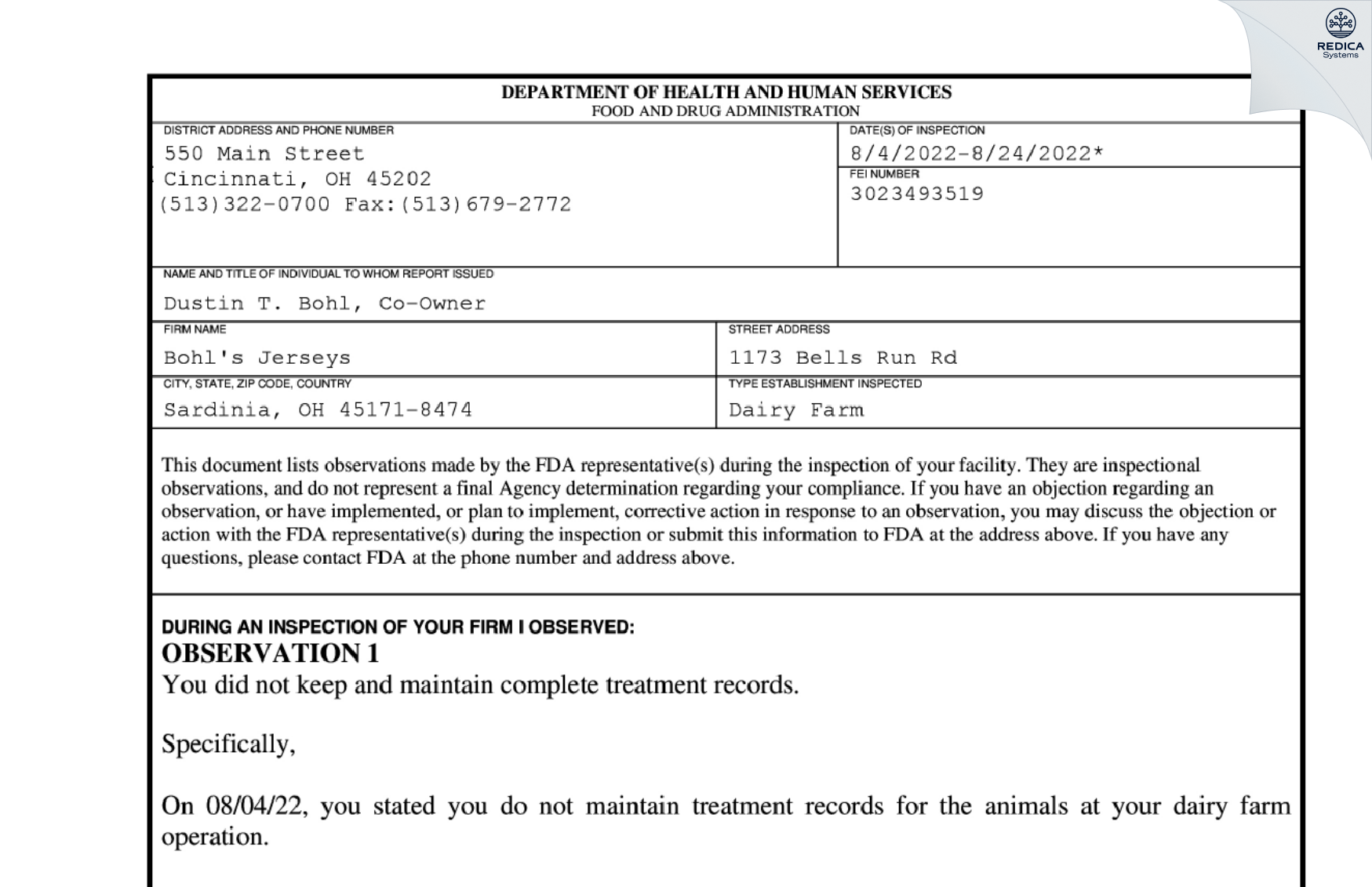 FDA 483 - Bohl's Jerseys [Sardinia / United States of America] - Download PDF - Redica Systems