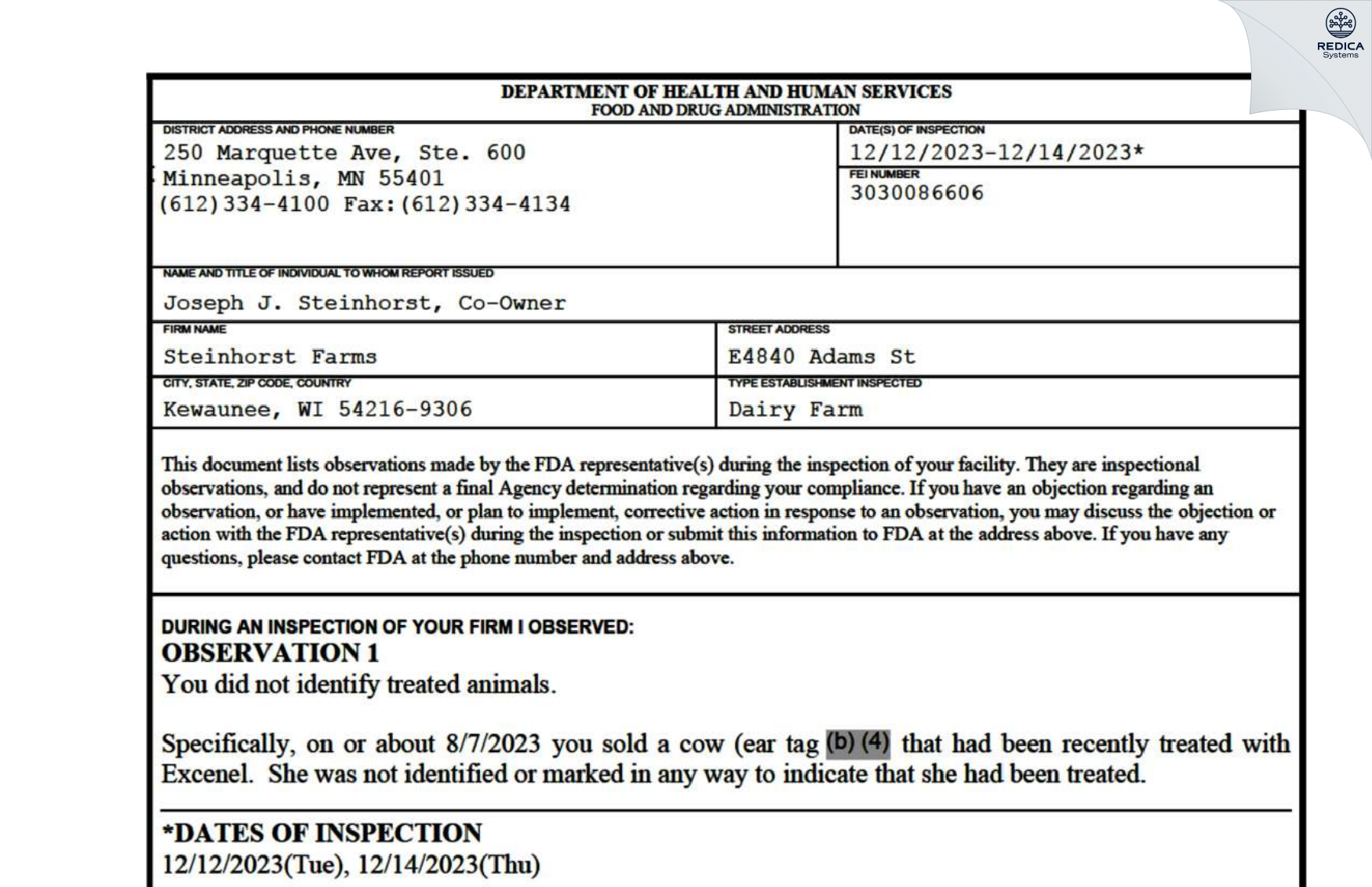 FDA 483 - Steinhorst Farms [Kewaunee / United States of America] - Download PDF - Redica Systems