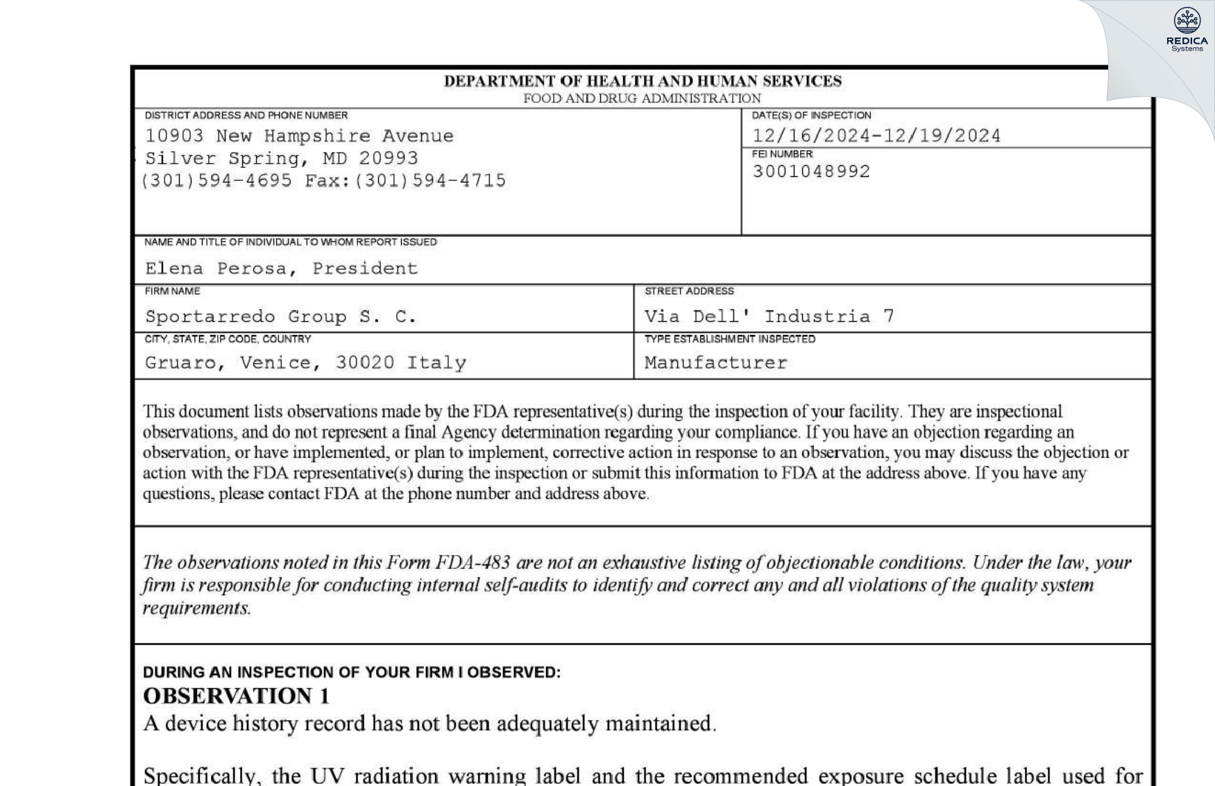 FDA 483 - Sportarredo Group S. C. [Gruaro / Italy] - Download PDF - Redica Systems