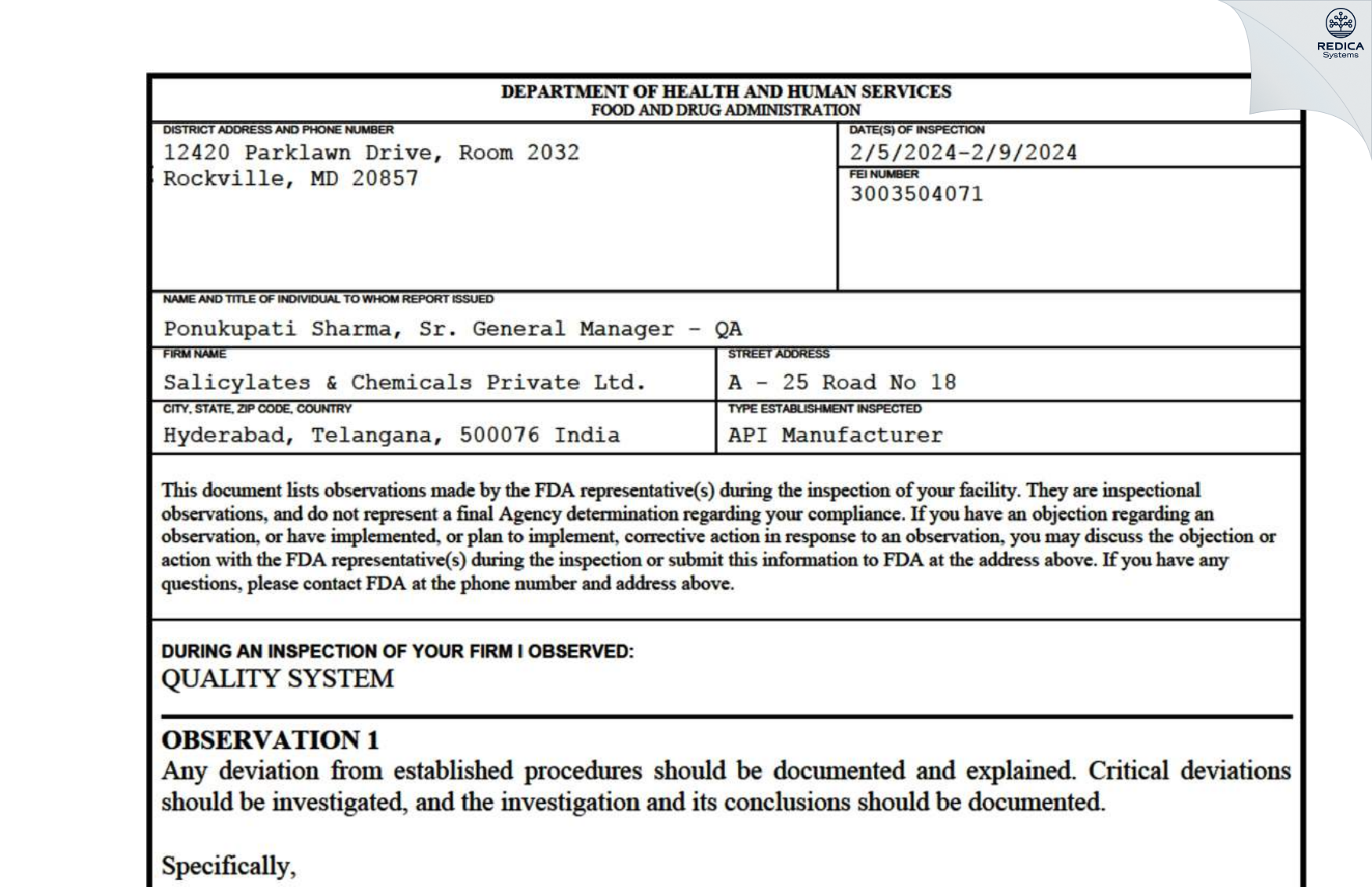 FDA 483 - SALICYLATES & CHEMICALS PRIVATE LIMITED [Hyderabad / India] - Download PDF - Redica Systems
