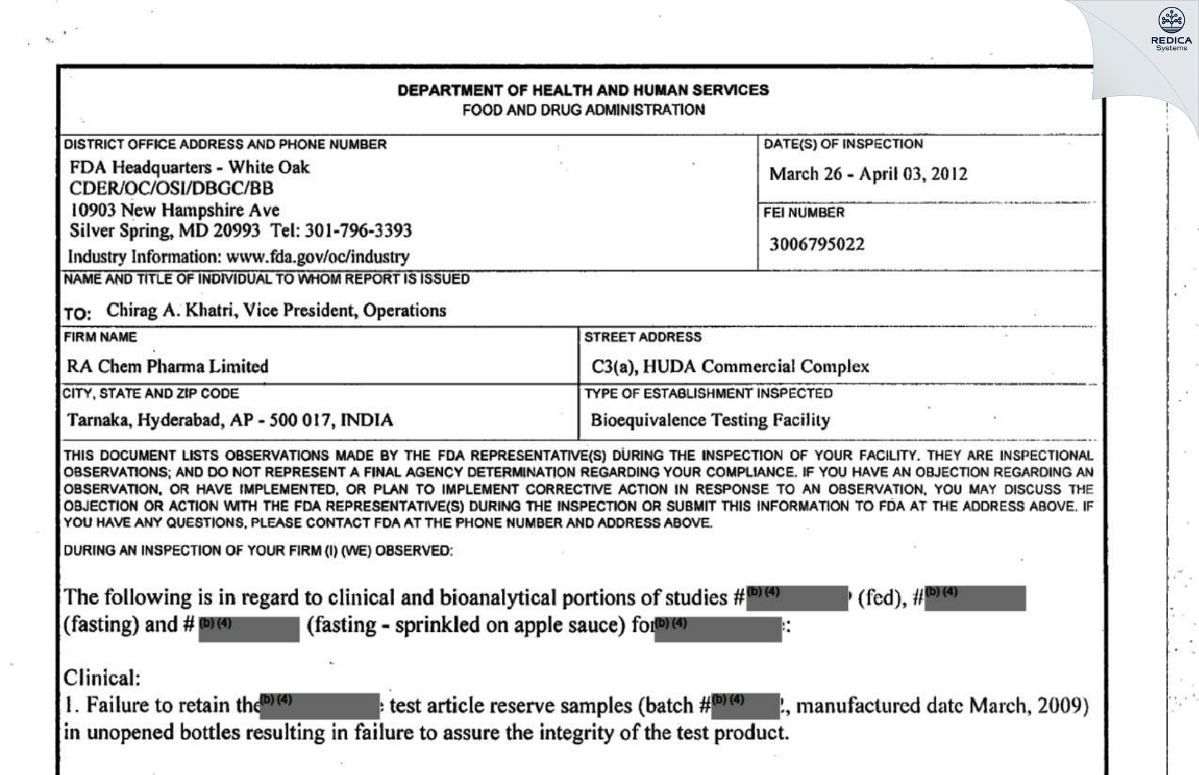 FDA 483 - RA Chem Pharma Limited [Secunderabad / India] - Download PDF - Redica Systems