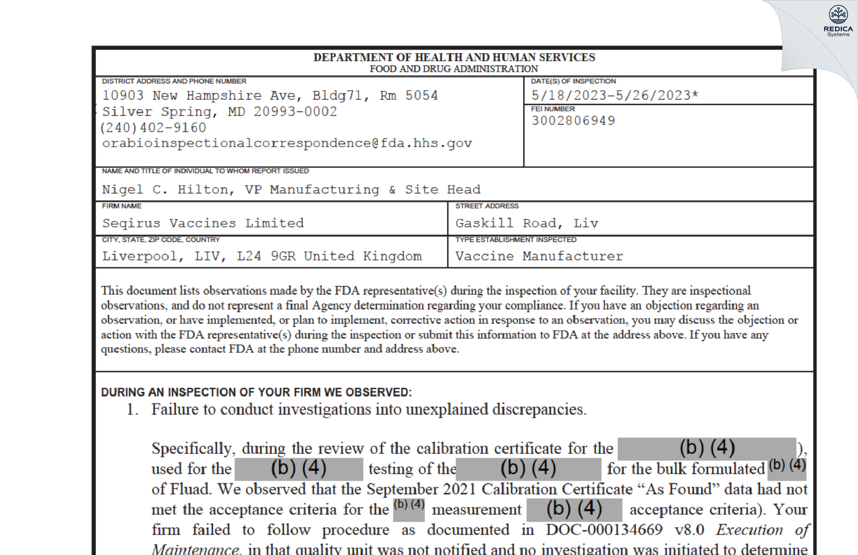 FDA 483 - Seqirus Vaccines Limited [Liverpool / United Kingdom of Great Britain and Northern Ireland] - Download PDF - Redica Systems