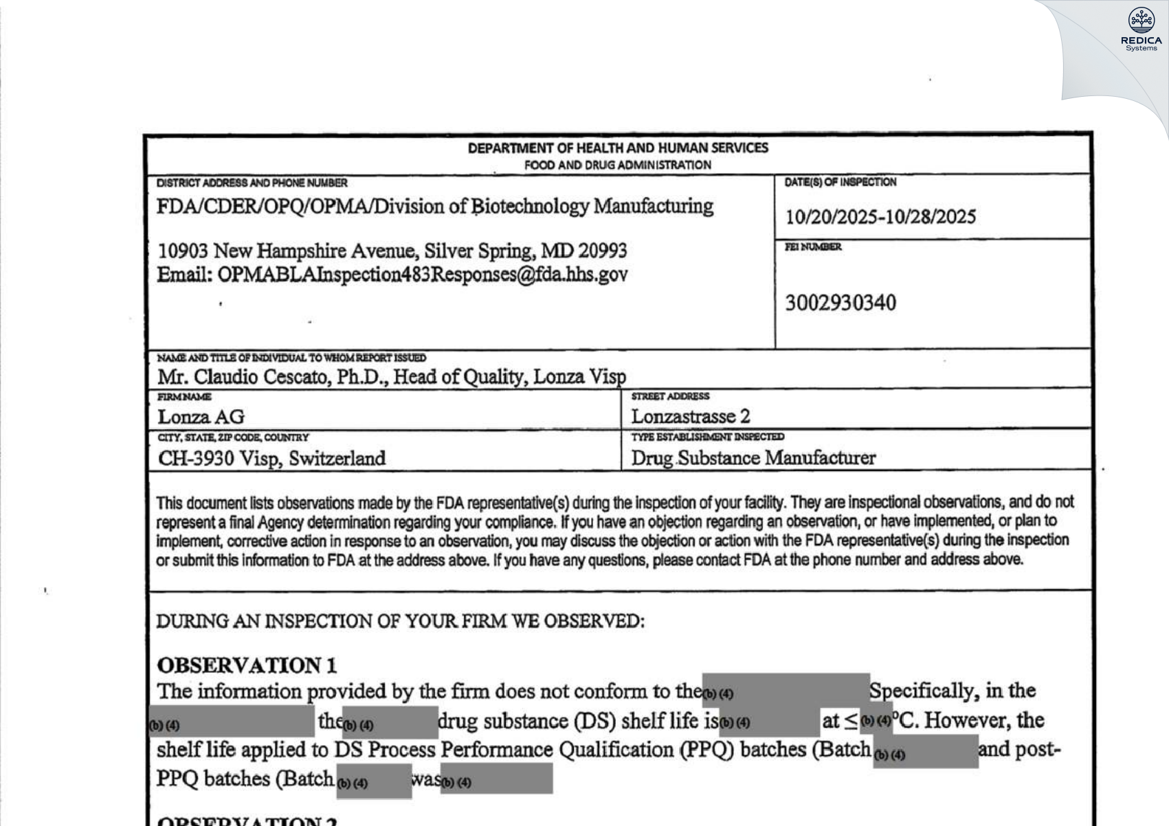 FDA 483 - Lonza AG [Visp / Switzerland] - Download PDF - Redica Systems