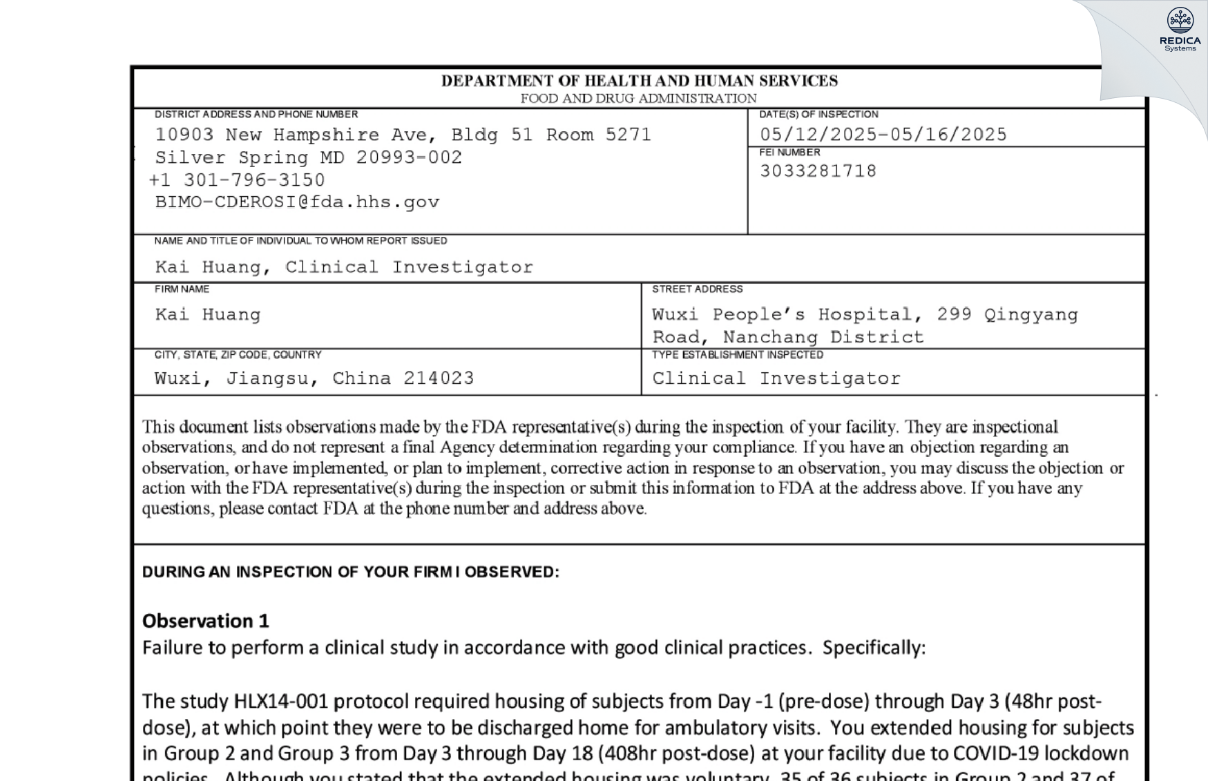 FDA 483 - Kai Huang [Nanchang / China] - Download PDF - Redica Systems