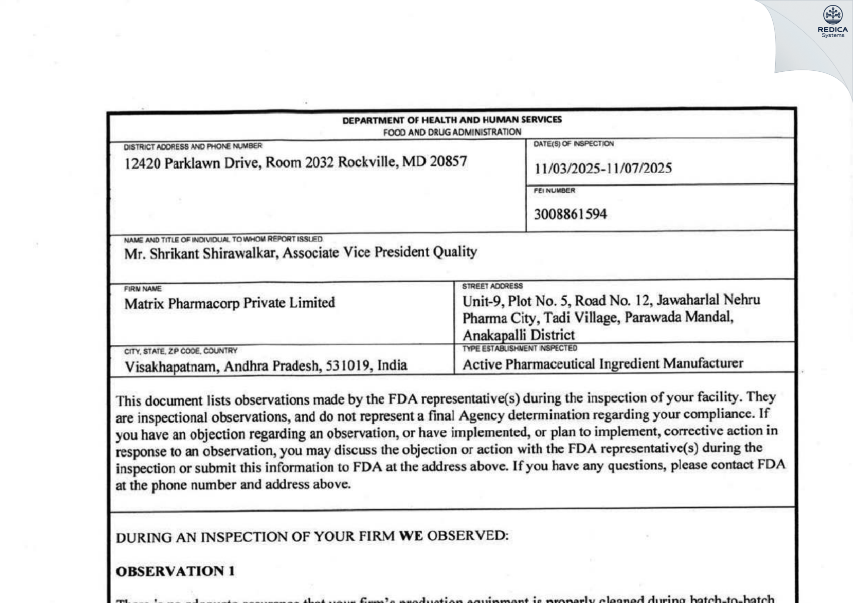 FDA 483 - Tianish Laboratories Private Limited [Anakapalle Sub-District / India] - Download PDF - Redica Systems