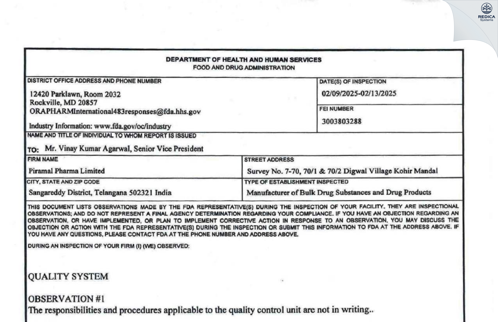 FDA 483 - Piramal Pharma Limited [Kohir / India] - Download PDF - Redica Systems