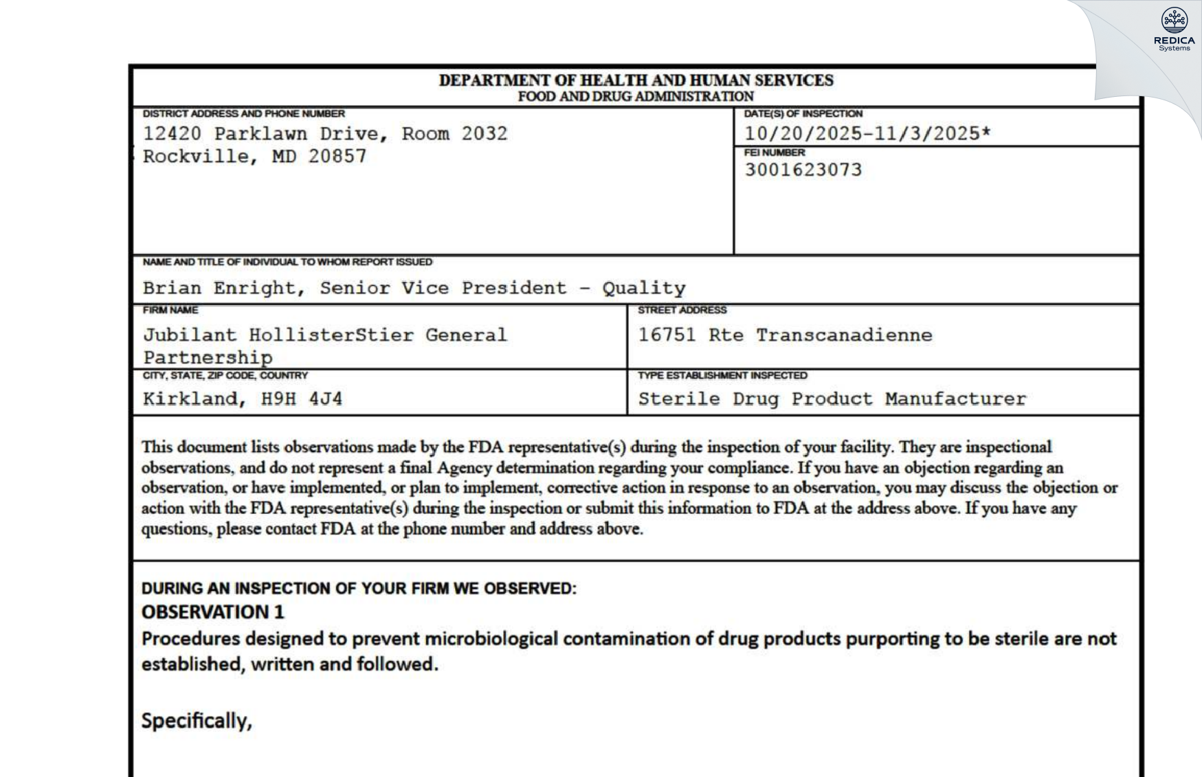 FDA 483 - Jubilant HollisterStier General Partnership [Kirkland / Canada] - Download PDF - Redica Systems