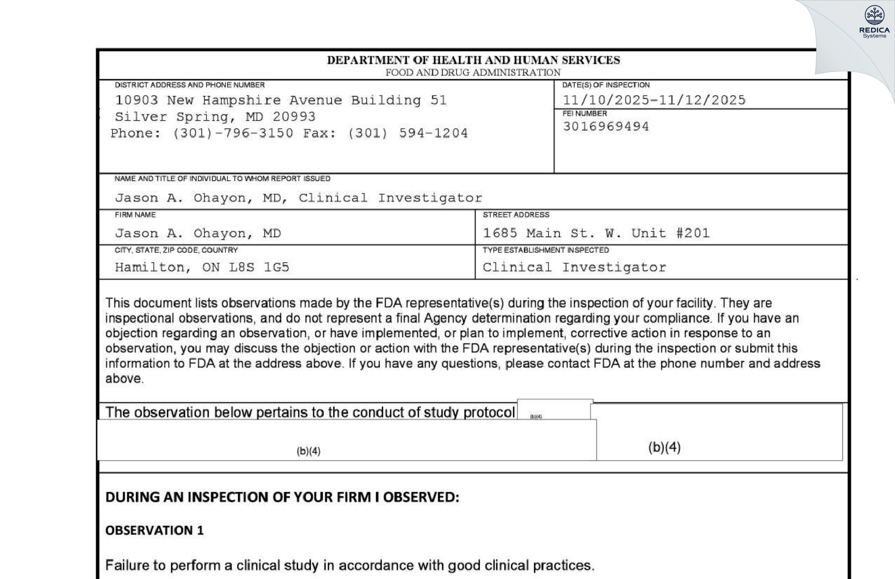 FDA 483 - Jason A. Ohayon, MD [Hamilton / Canada] - Download PDF - Redica Systems