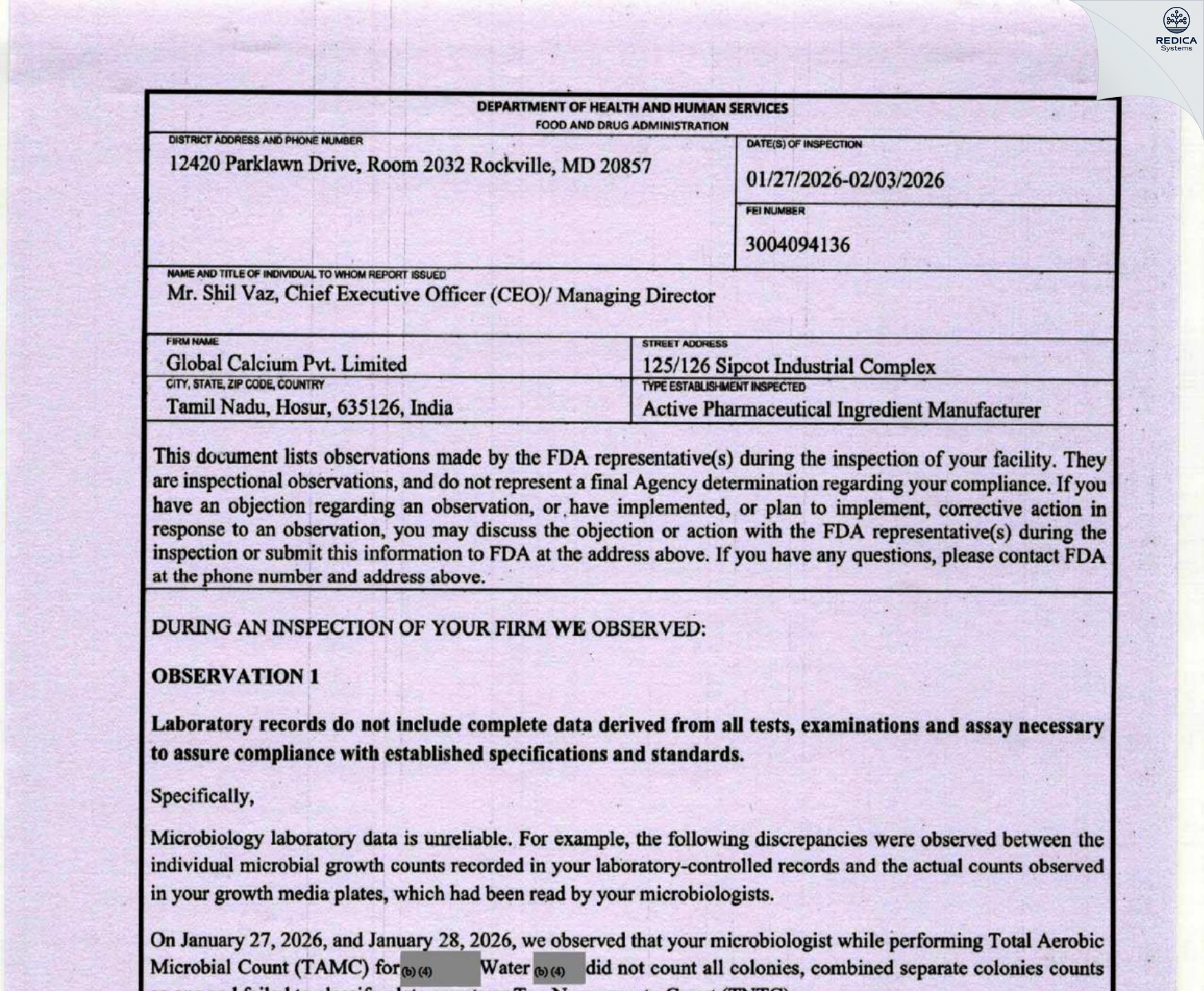 FDA 483 - Global Calcium Private Limited [Hosur / India] - Download PDF - Redica Systems