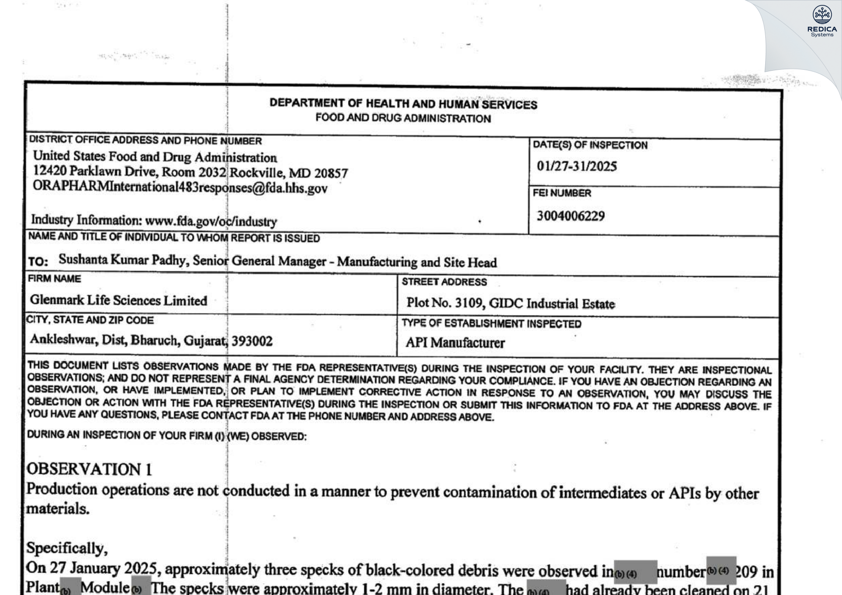 FDA 483 - Glenmark Life Sciences Limited [Ankleshwar / India] - Download PDF - Redica Systems