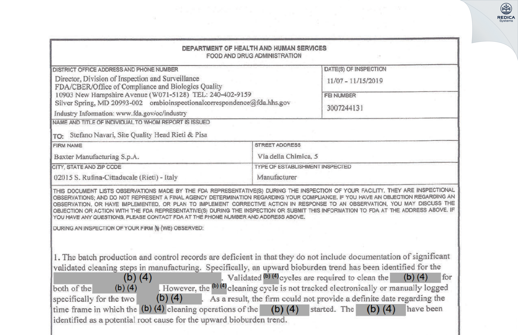 FDA 483 - Takeda Manufacturing Italia SPA [Cittaducale / Italy] - Download PDF - Redica Systems