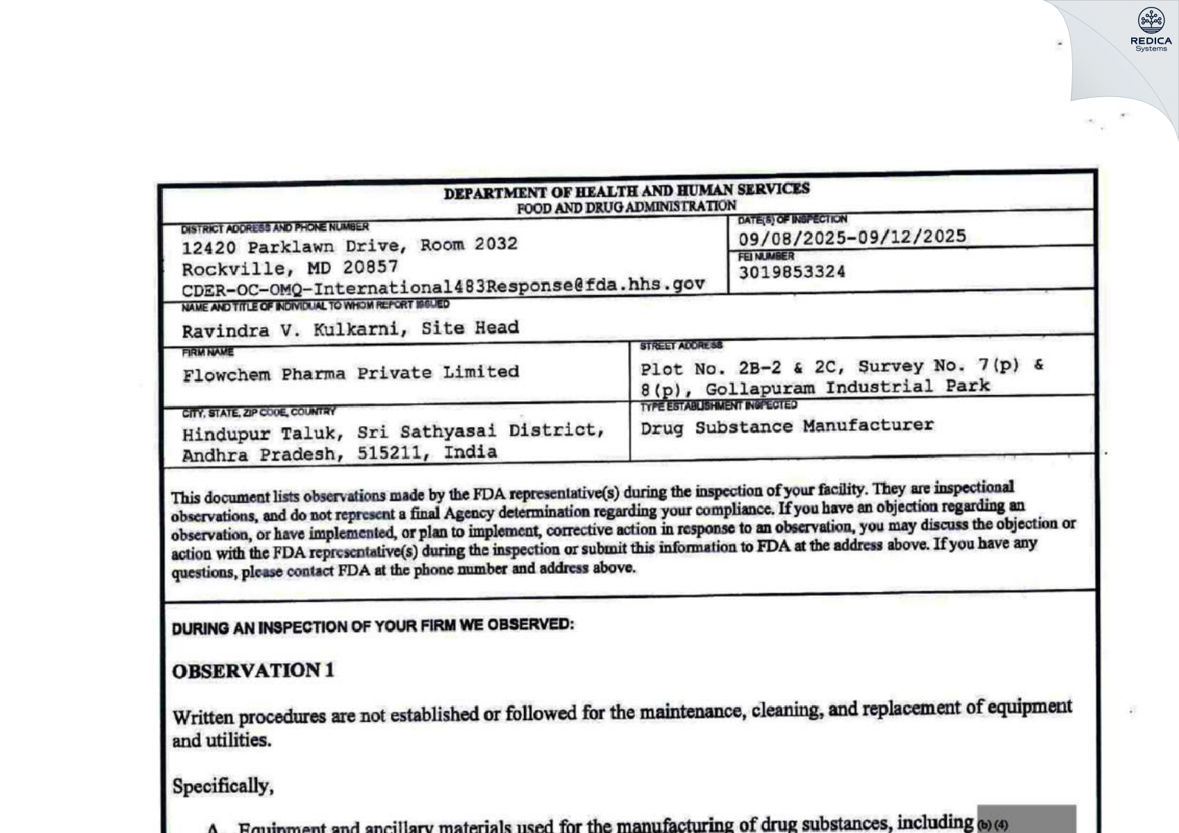 FDA 483 - FLOWCHEM PHARMA PRIVATE LIMITED [Hindupur / India] - Download PDF - Redica Systems