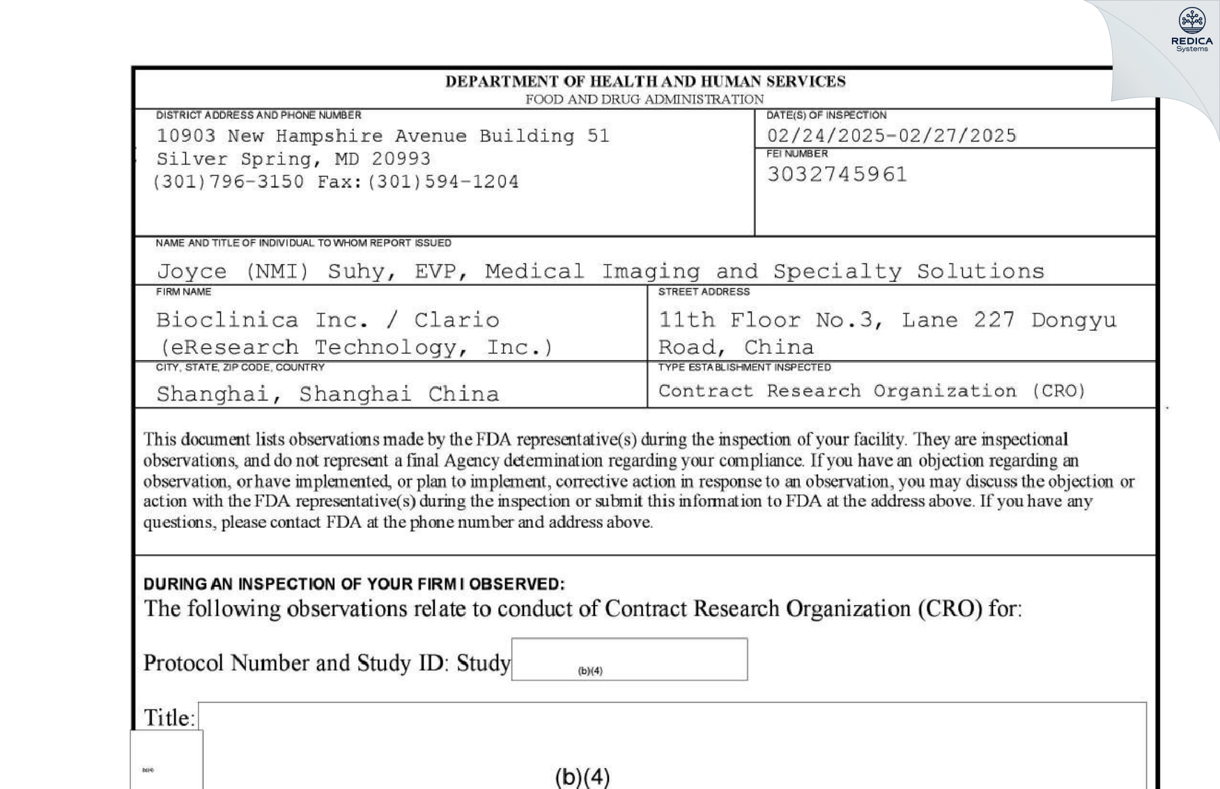 FDA 483 - eResearch Technology Inc. (dba Clario) [Shanghai / China] - Download PDF - Redica Systems